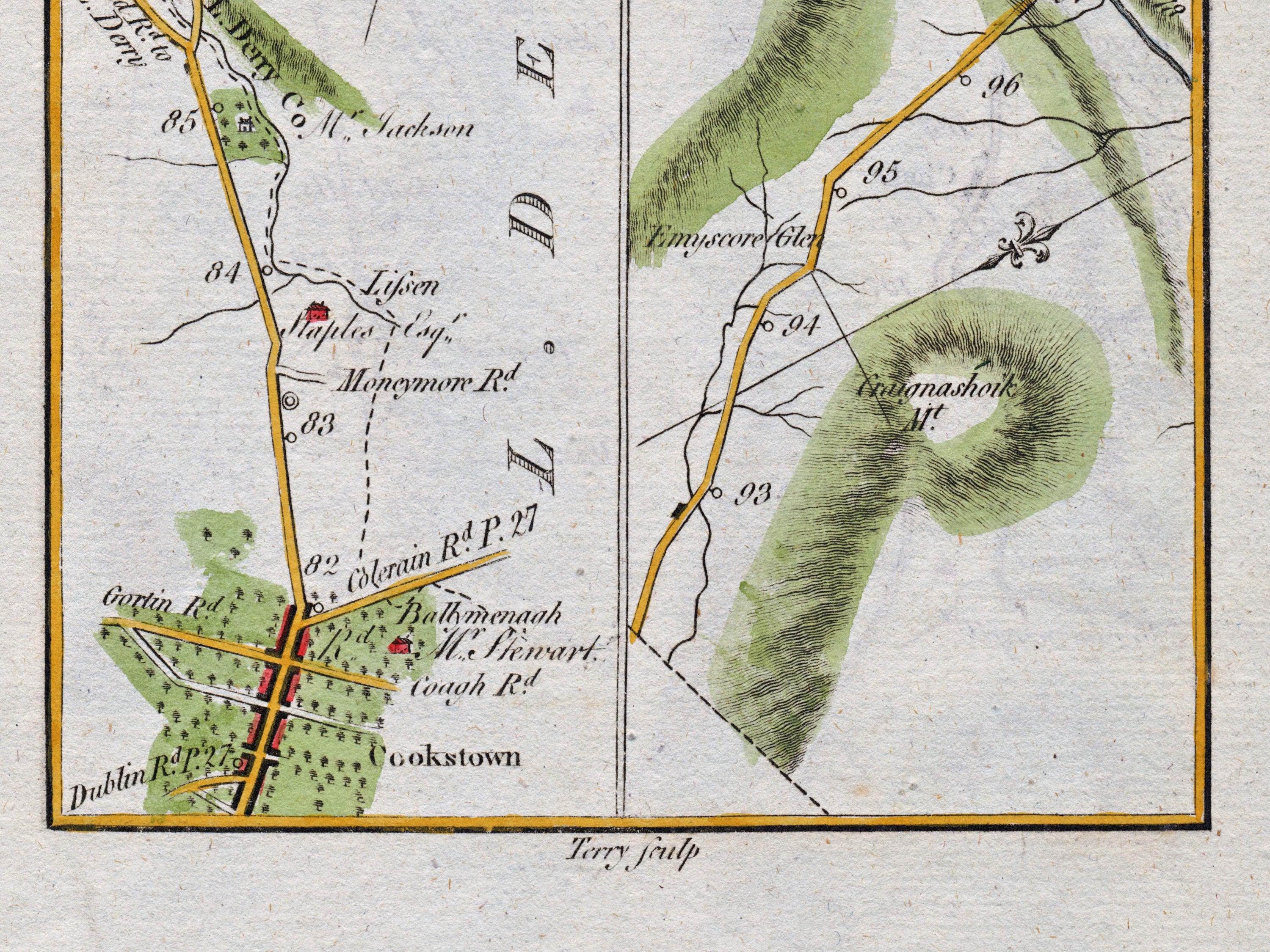 Lower detail of 1783 Taylor & Skinner Map 31 showing Cookstown, Lissan and roads towards Moneymore and Gortin in County Tyrone.