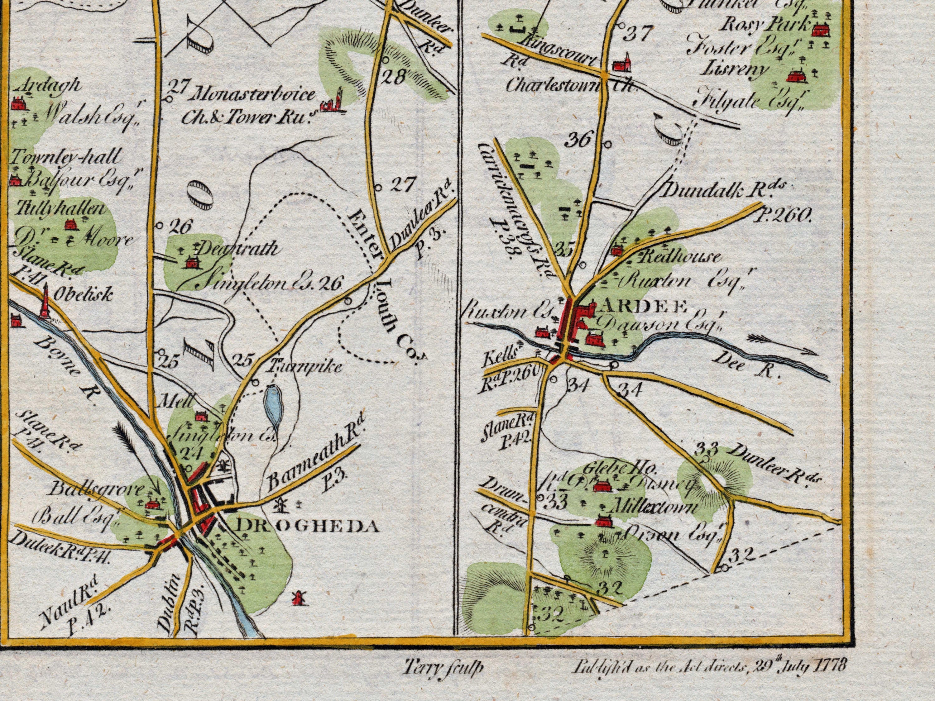 Lower detail of 1783 Taylor & Skinner Map 33 showing Drogheda, Ardee, the River Boyne and River Dee in County Louth.