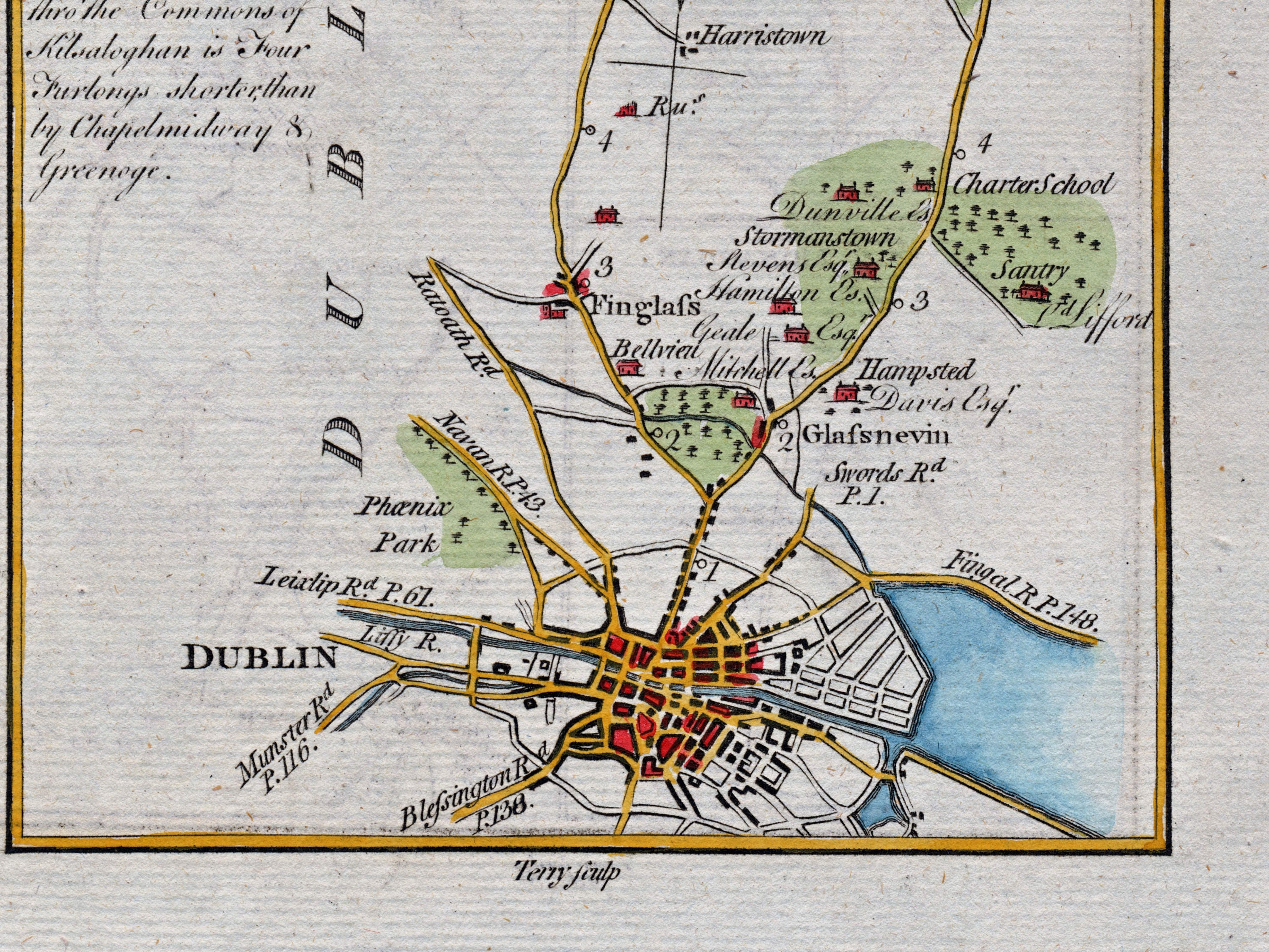Lower detail of 1783 Taylor & Skinner Map 40 showing Dublin, Finglas, Glasnevin and Phoenix Park. The map covers Counties Dublin, Meath and Louth.