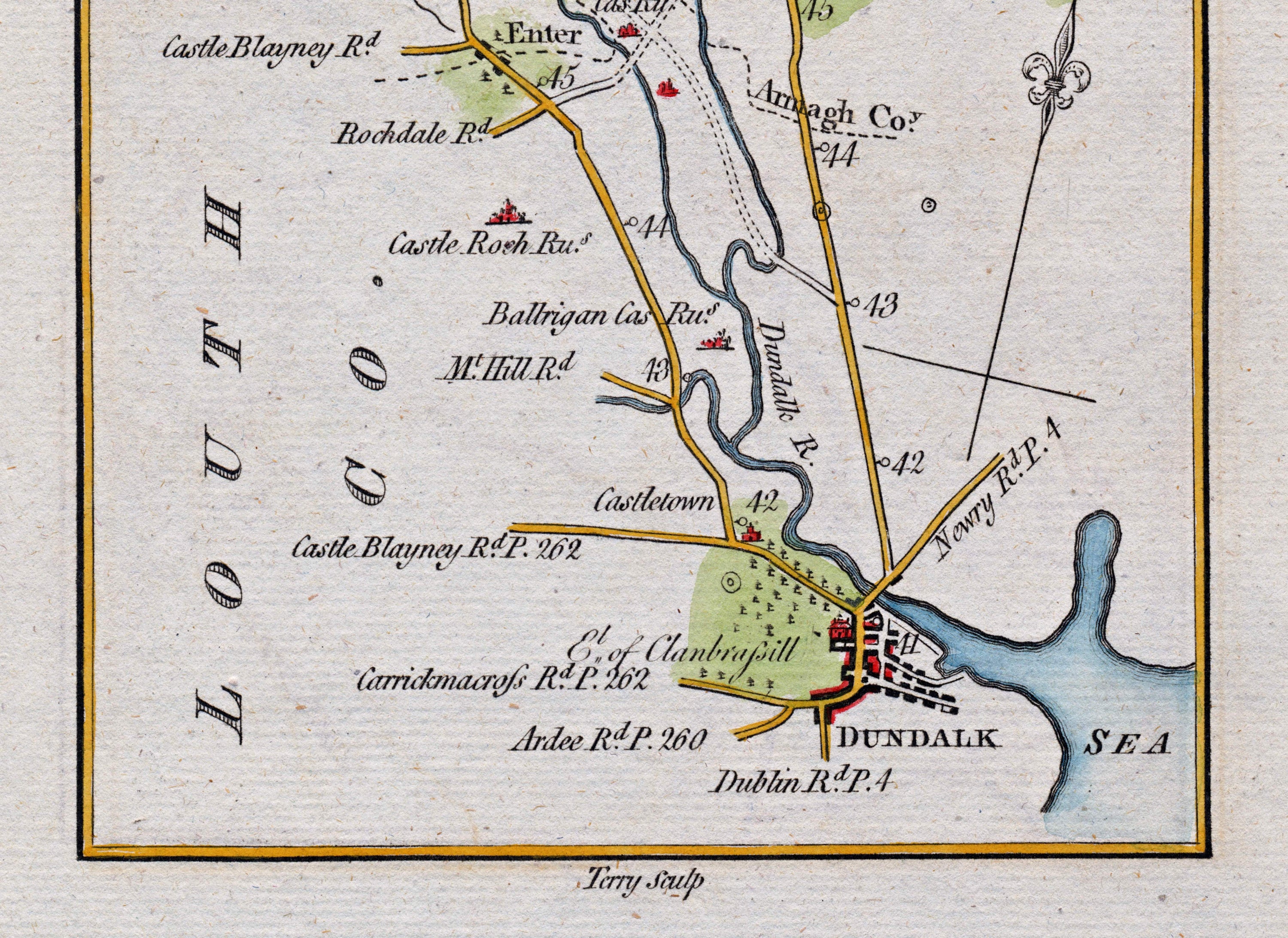 Lower detail of 1783 Taylor & Skinner Map 24 showing Dundalk, Castletown and roads towards Newry, Castleblayney, Ardee and Carrickmacross.