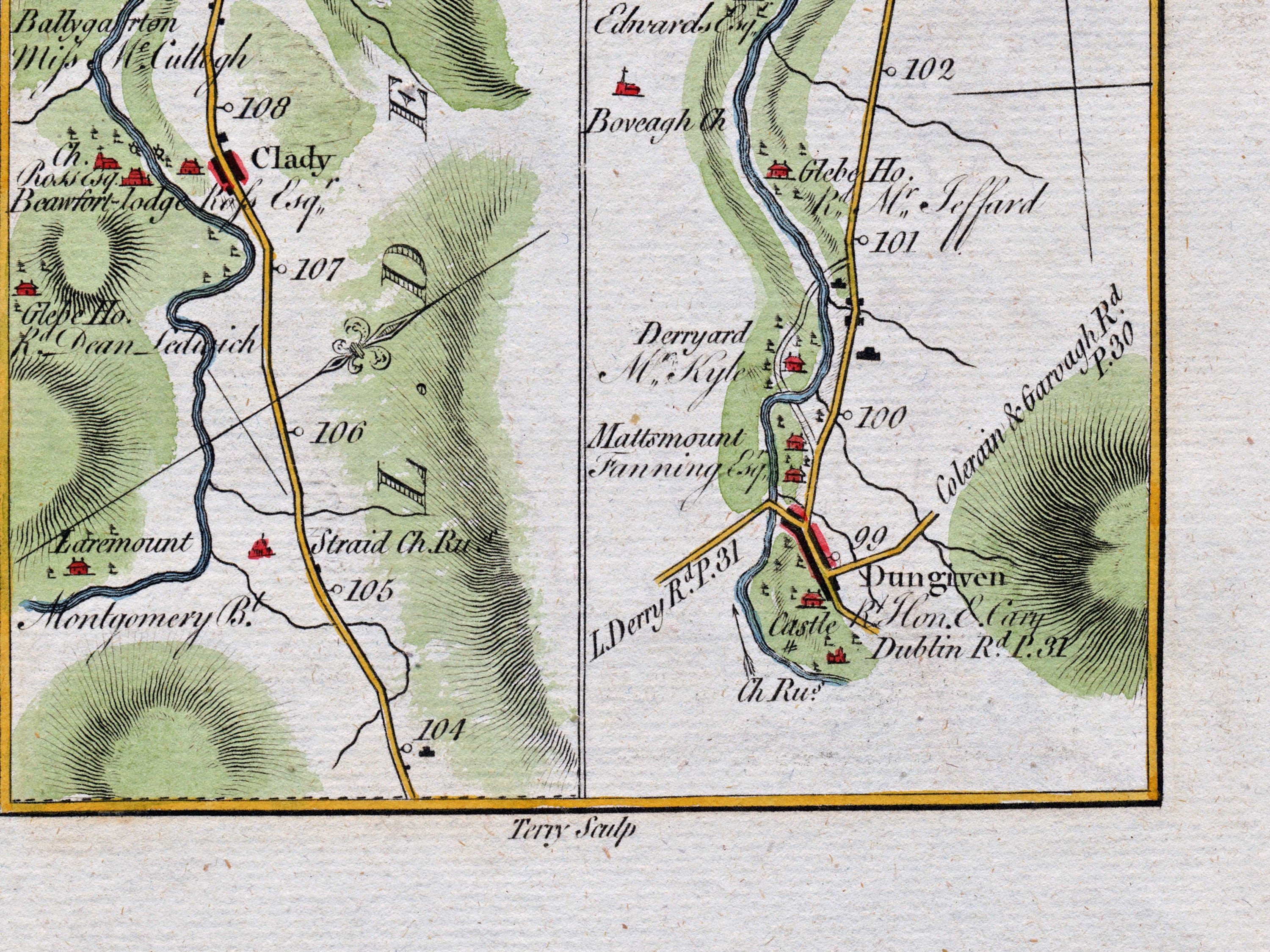 Lower detail of 1783 Taylor & Skinner Map 32 showing Dungiven, the River Roe, Derryyard and Boveagh in County Londonderry.