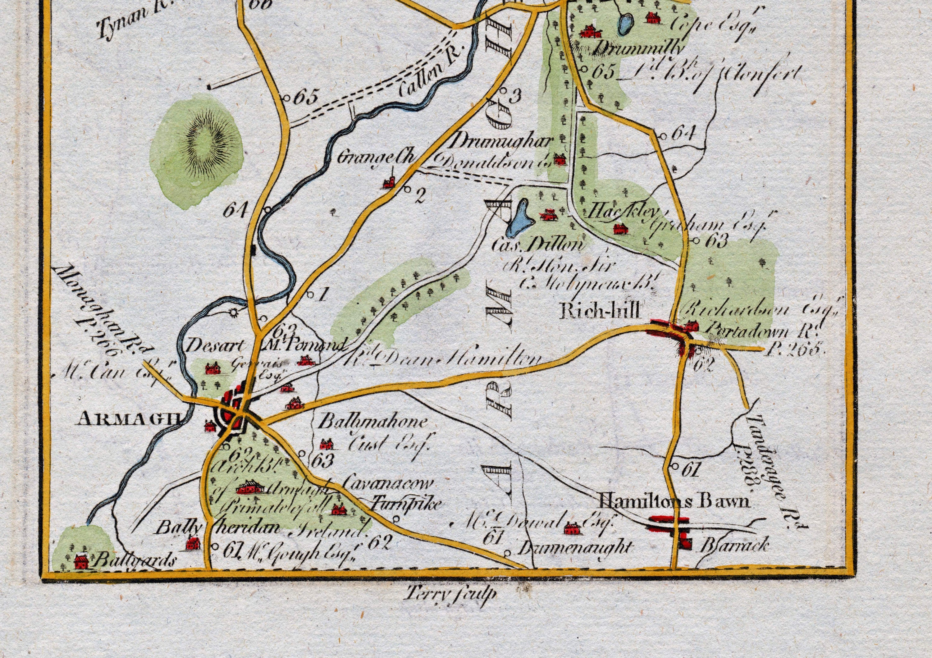 Lower detail of 1783 Taylor & Skinner Map 26 showing Armagh, Richhill, Hamilton's Bawn, Cast Dillon and Ballyards in County Armagh.