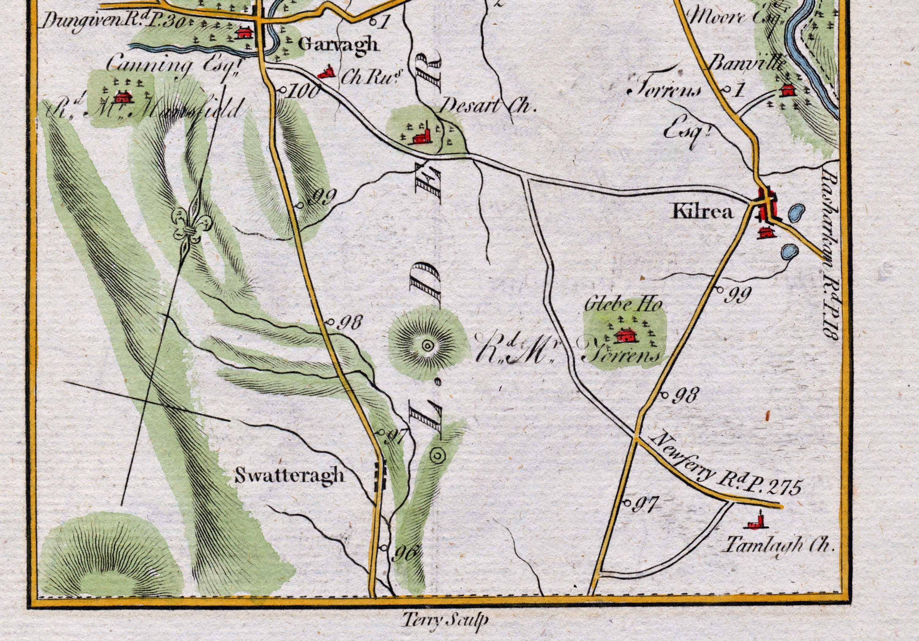 Lower detail of 1783 Taylor & Skinner Map 29 showing Kilrea, Garvagh, Swatragh, Tamlaght Church and roads towards Newferry in County Londonderry.