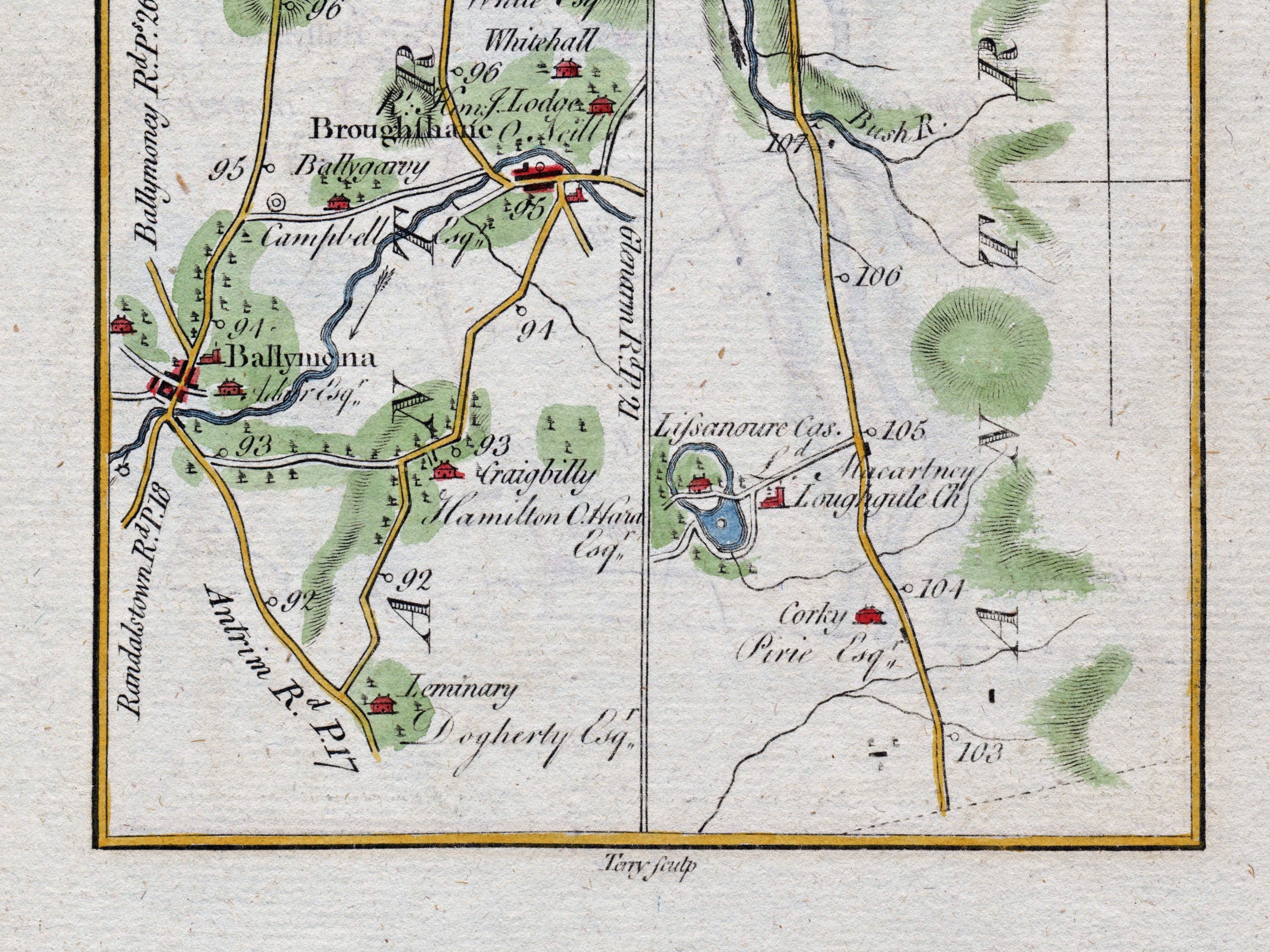 Lower detail of 1783 Taylor & Skinner Map 20 showing Ballymena, Craigbilly and Lisanoure Castle in County Antrim