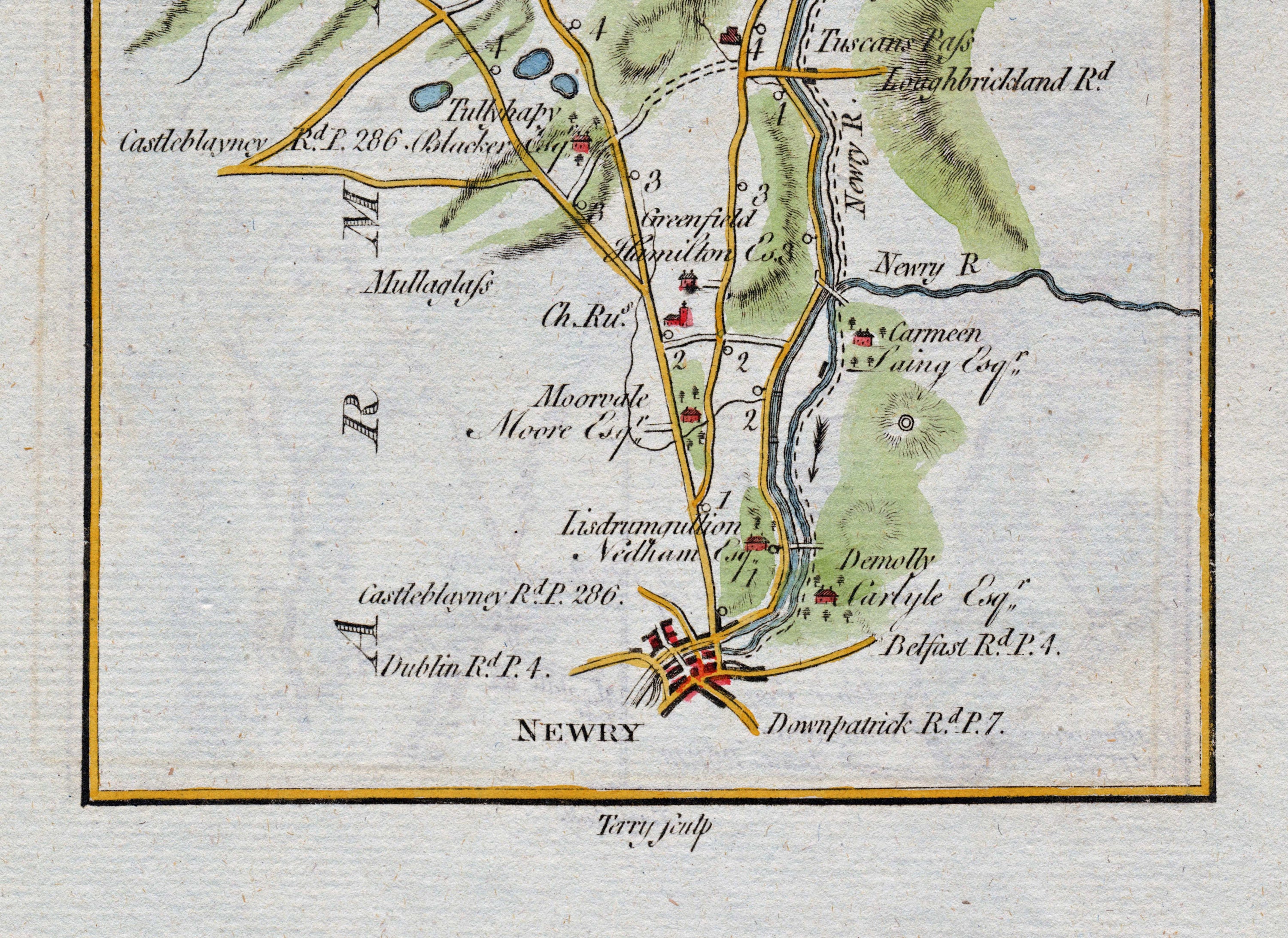 Lower detail of 1783 Taylor & Skinner Map 22 showing Lisdrumgullion, Greenfield, Dernolly and the Newry River and canal approaches.