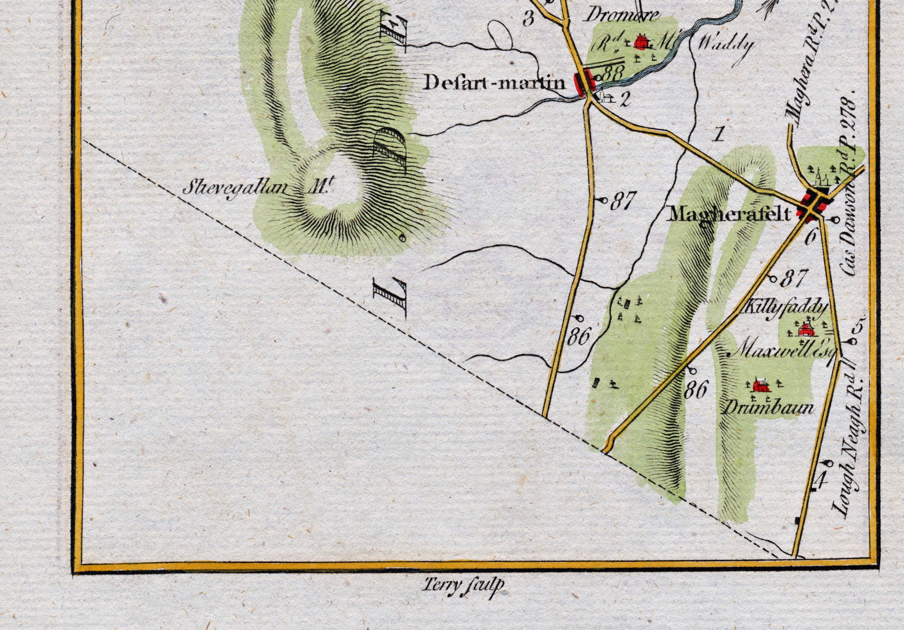 Lower detail of 1783 Taylor & Skinner Map 28 showing Magherafelt, Desertmartin, Killyfaddy and Drumbawn in County Londonderry.
