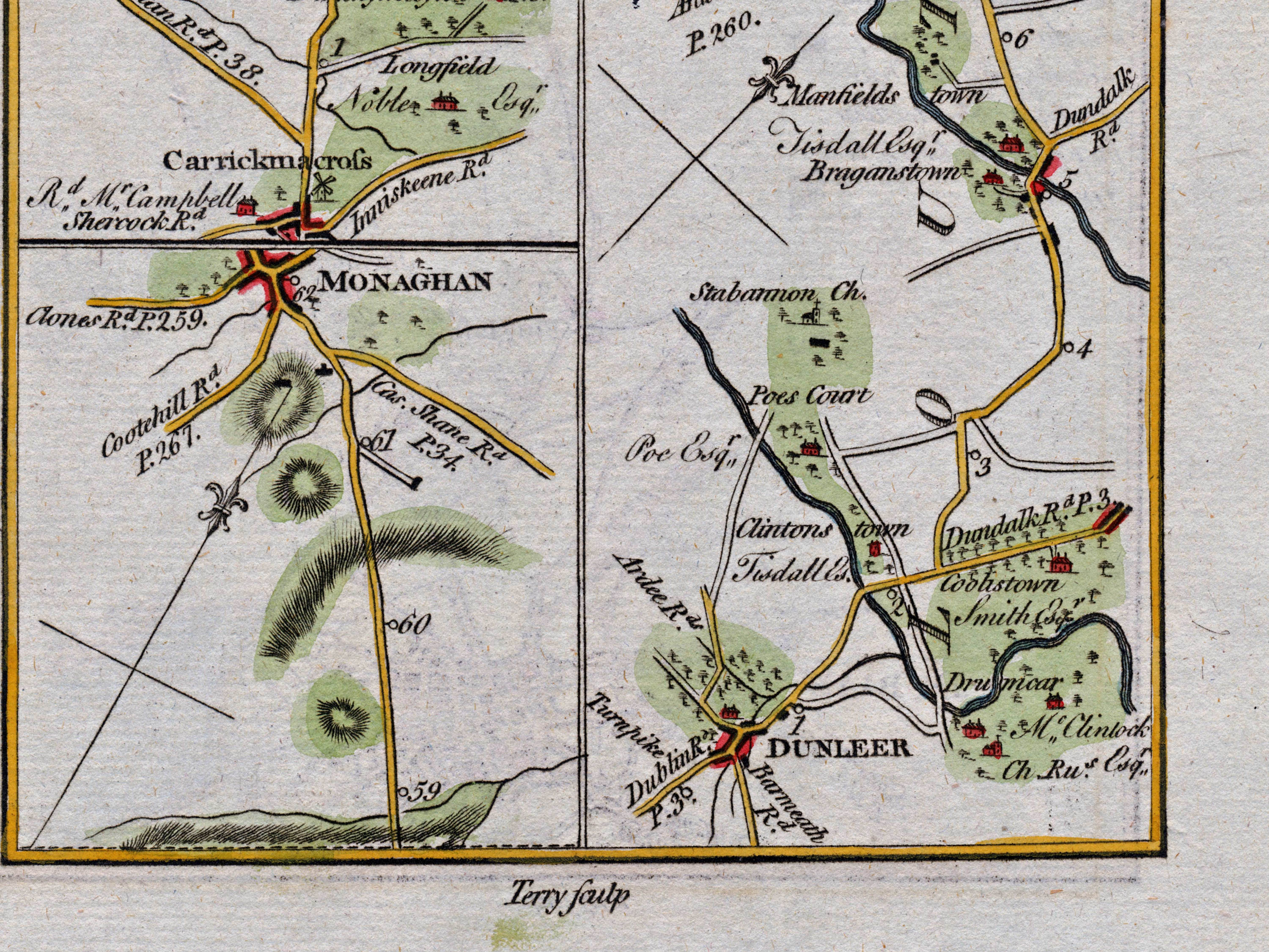 Lower detail of 1783 Taylor & Skinner Map 39 showing Carrickmacross, Dunleer, Clintonstown and Stabannon Church across Counties Monaghan and Louth.