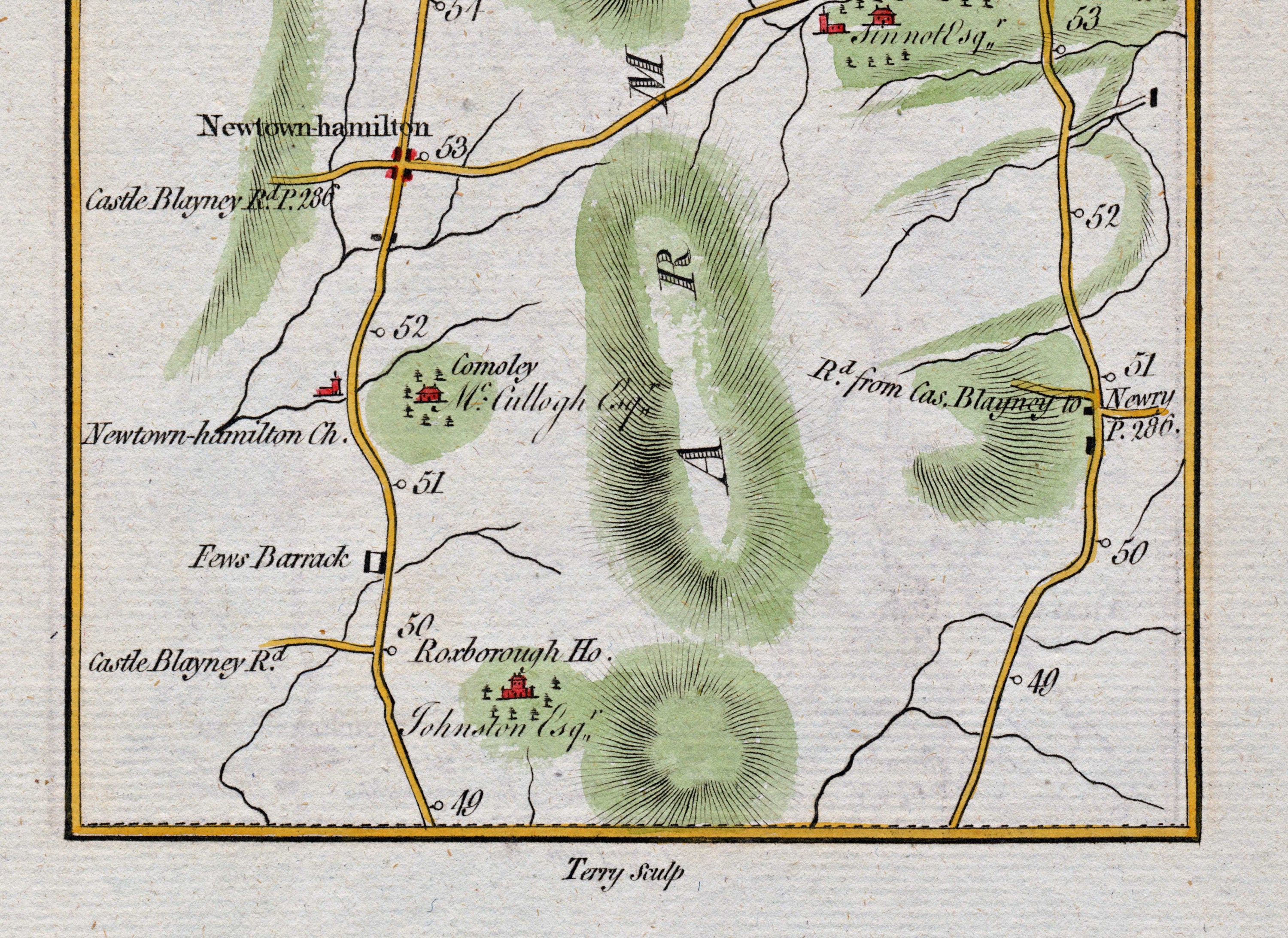 Lower detail of 1783 Taylor & Skinner Map 25 showing Newtownhamilton, Fews Barrack, Roxborough House and the Castleblayney connections in County Armagh.