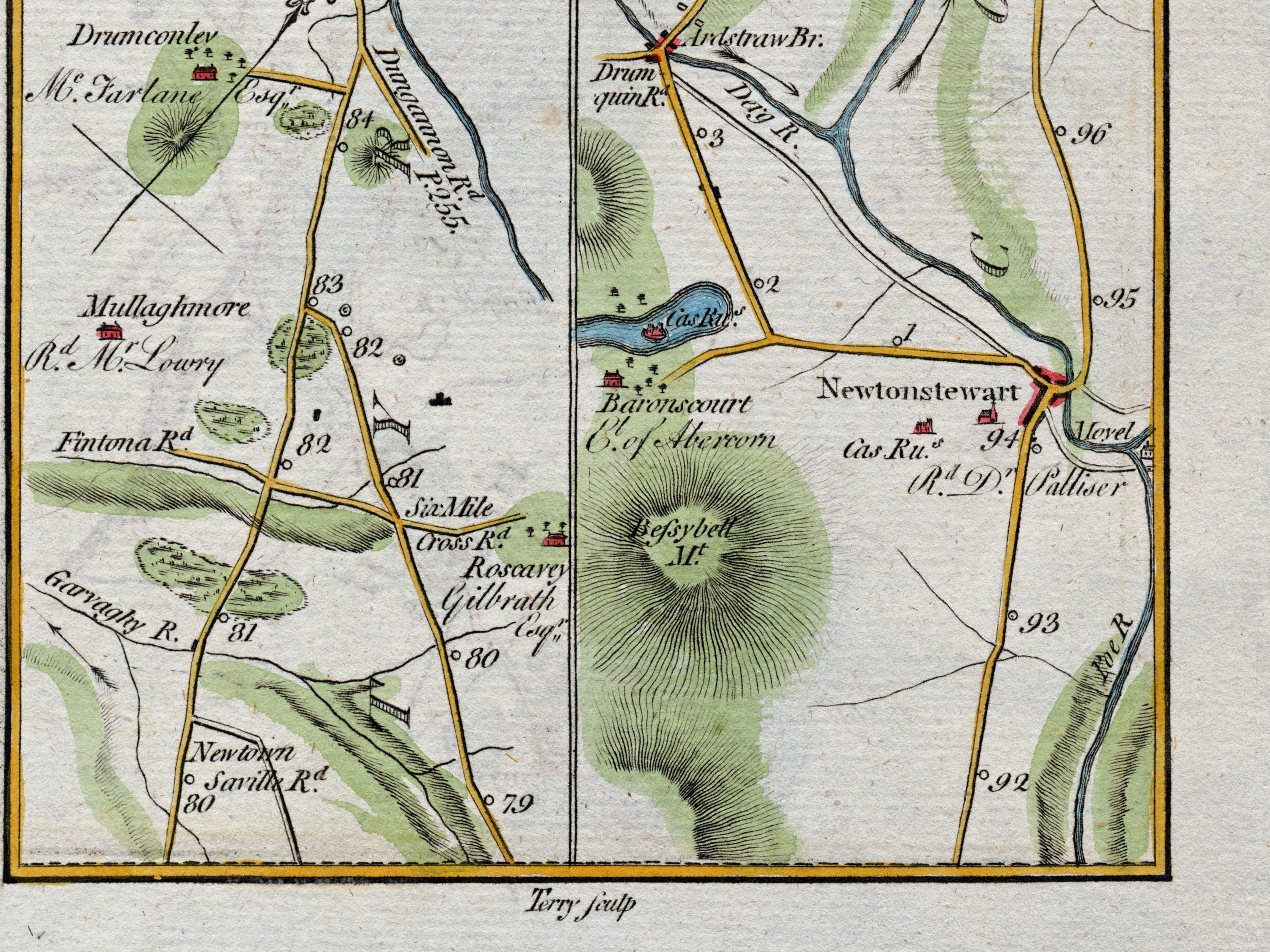 Lower detail of 1783 Taylor & Skinner Map 36 showing Newtownstewart, Baron’s Court, Bessybell Mountain and the River Mourne in County Tyrone. The wider map also covers County Donegal.