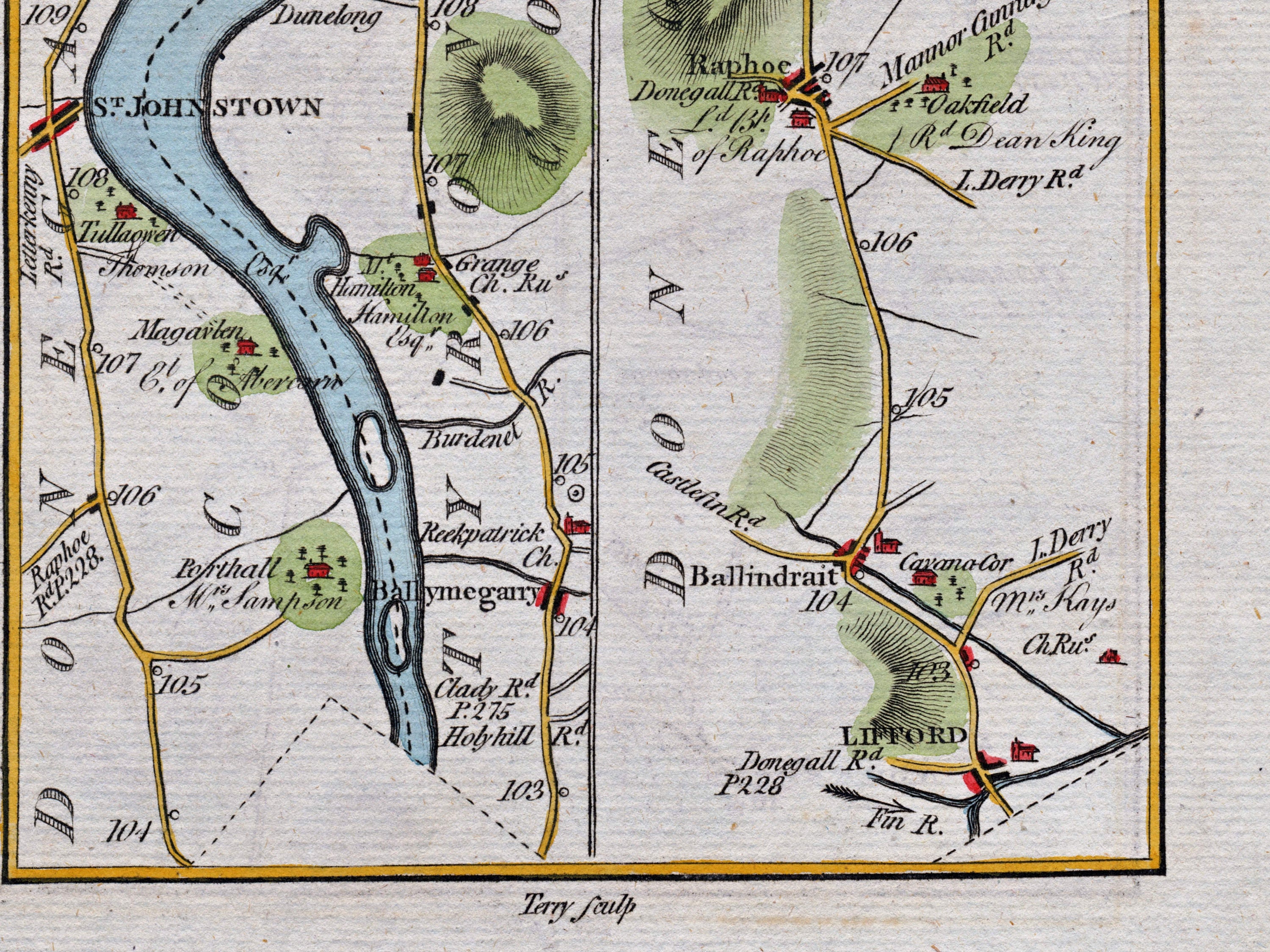 Lower detail of 1783 Taylor & Skinner Map 37 showing Raphoe, Ballindrait, Lifford and the River Finn in County Donegal. The wider map also covers County Londonderry.