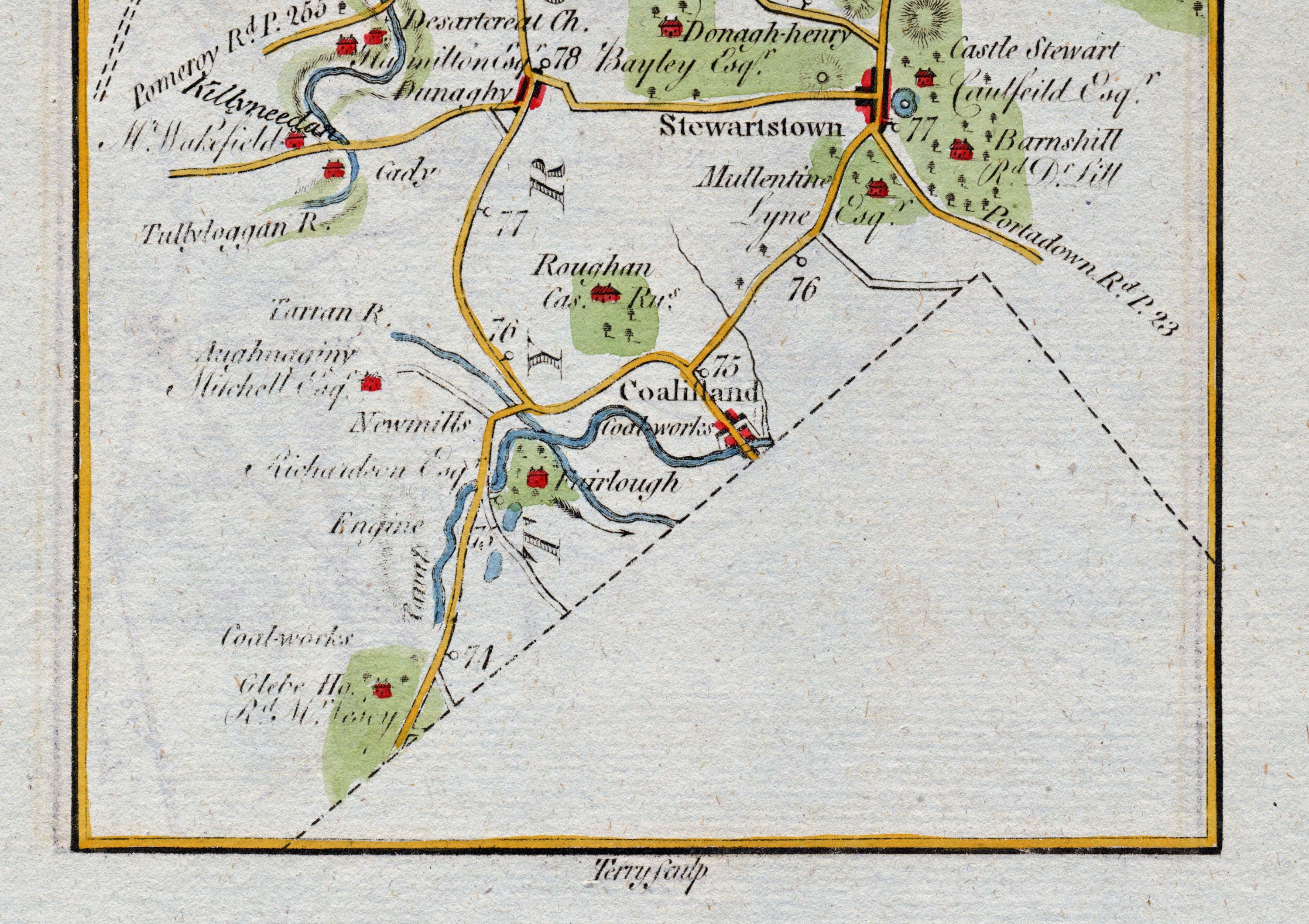 Lower detail of 1783 Taylor & Skinner Map 27 showing Stewartstown, Coalisland, Donaghenry, Castle Stewart and Roughan in County Tyrone.