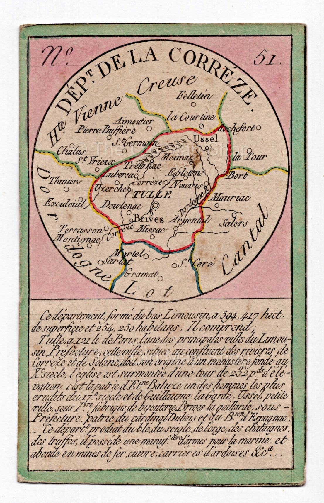 Hand-coloured c.1819 Correze France antique card map by Bourrut-Le Meri, rare first edition
