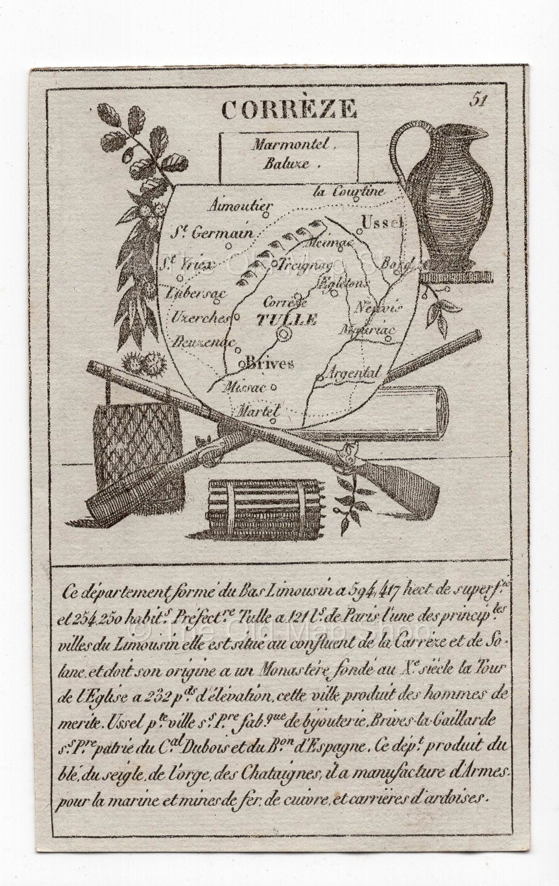 c.1836 Corrèze France antique card map showing Tulle & Uzerche by Bourrut-Le Meri, 3rd edition