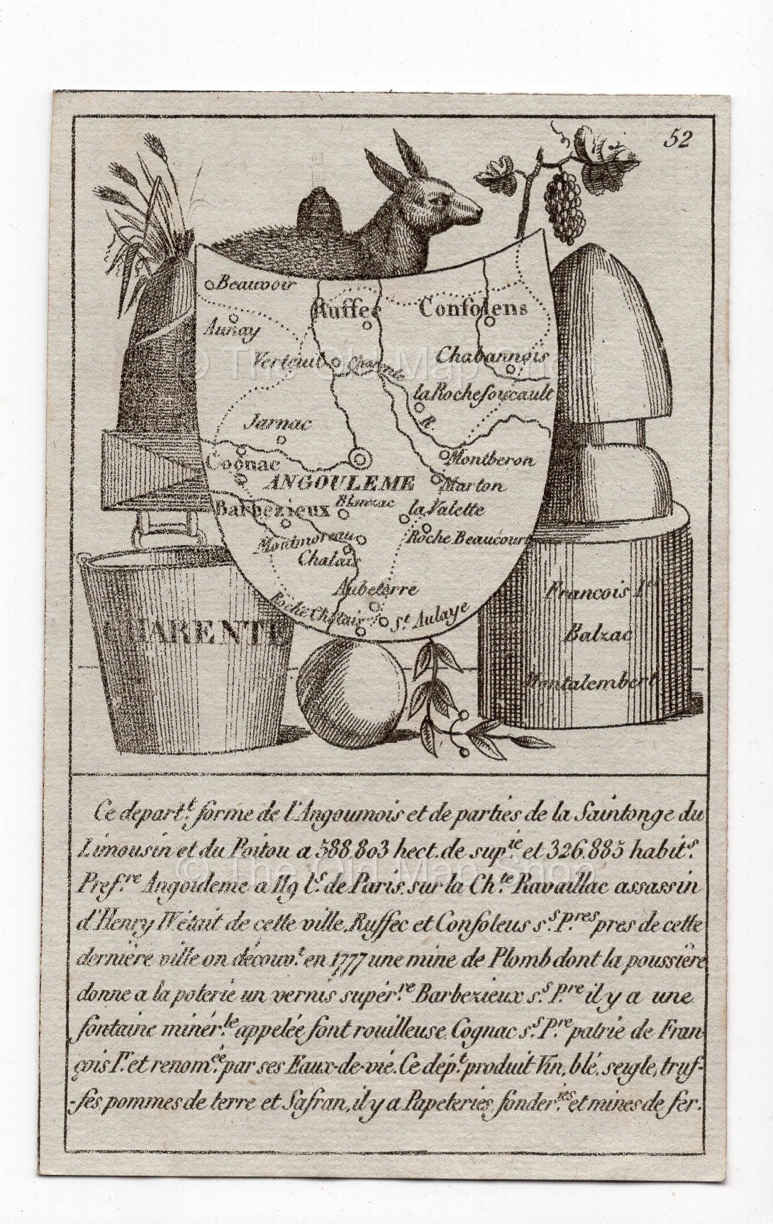 c.1836 Charente France antique card map by Bourrut-Le Meri, 3rd edition