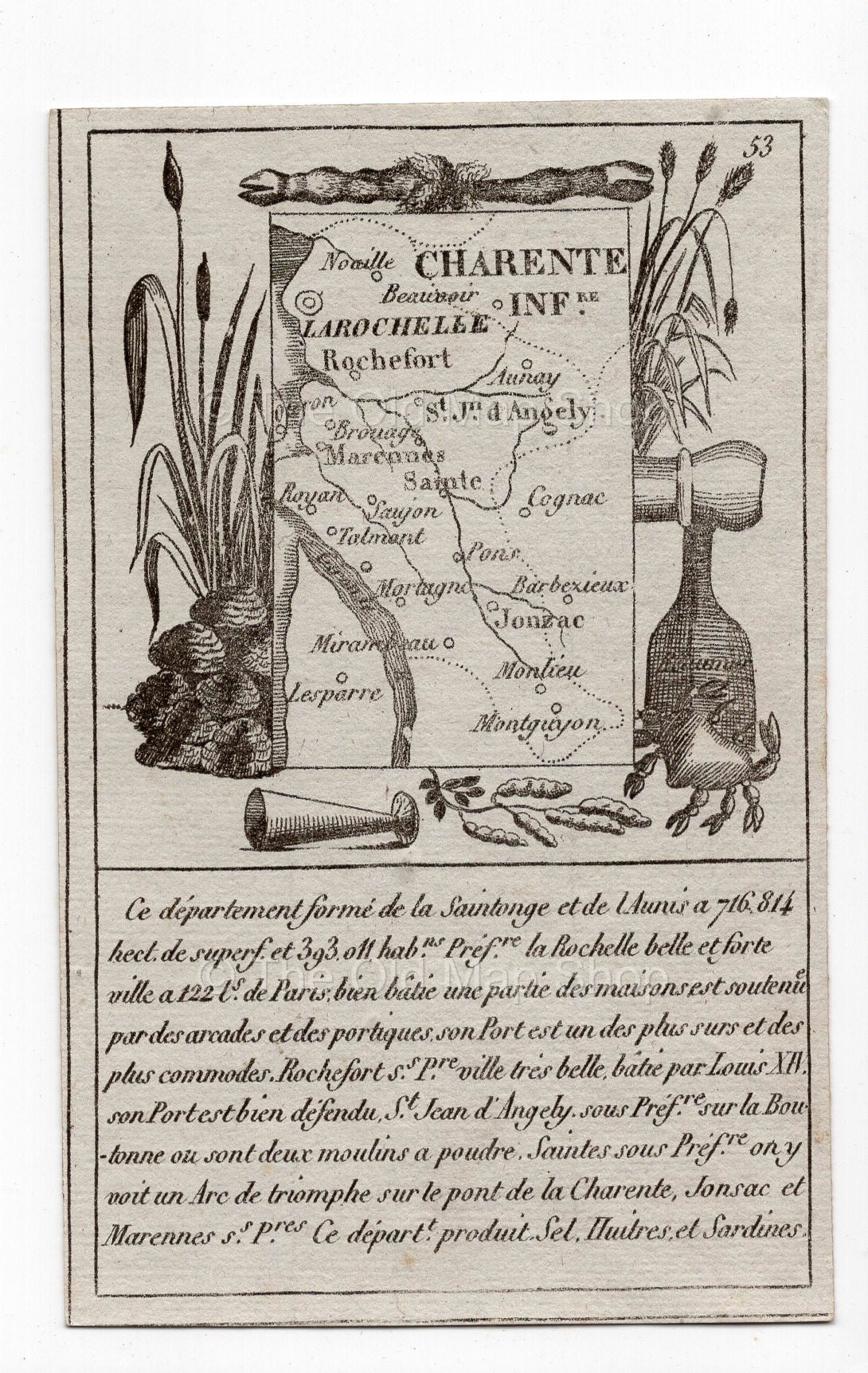 c.1836 Charente-Inférieure (Charente-Maritime) France antique card map by Bourrut-Le Meri, 3rd edition