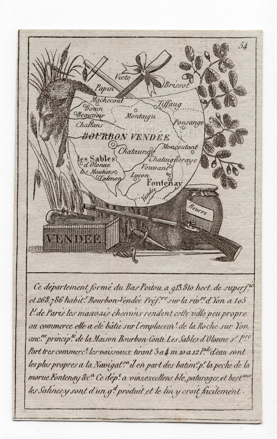 c.1836 Vendée France antique card map showing Challans by Bourrut-Le Meri, 3rd edition