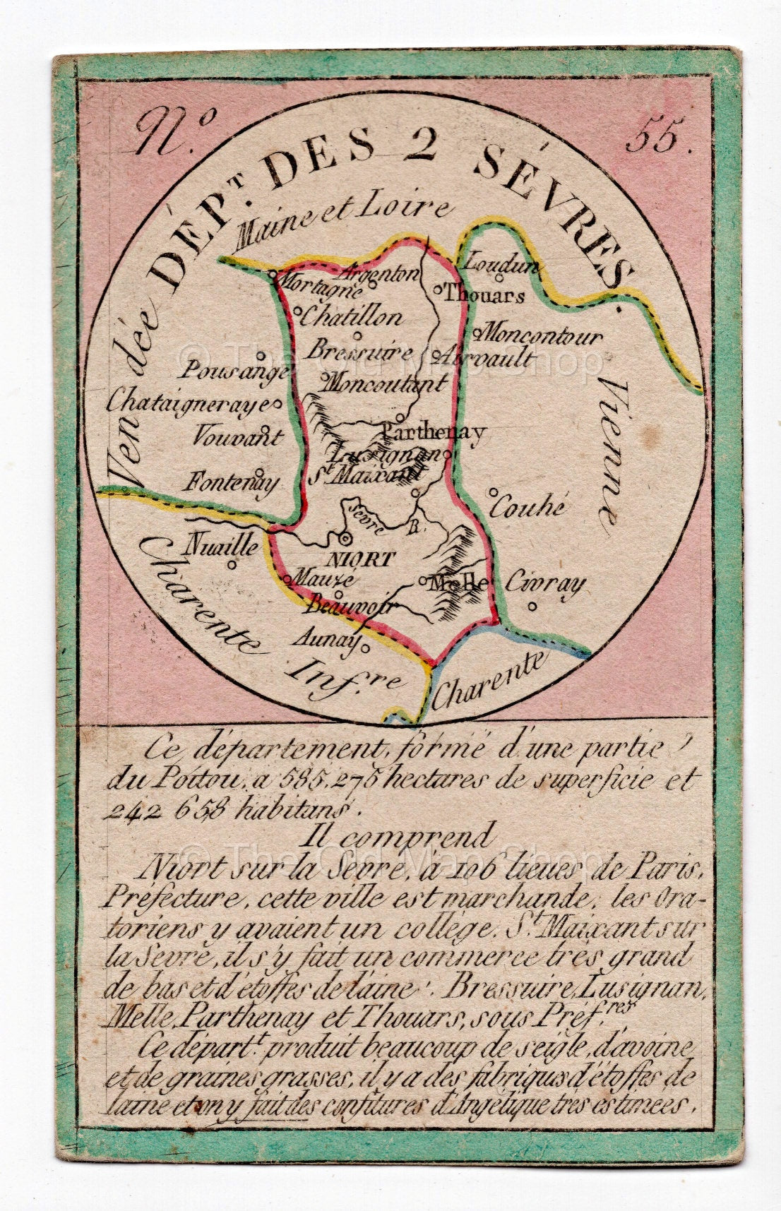 Hand-coloured c.1819 Deux-Sevres France antique card map by Bourrut-Le Meri, rare first edition