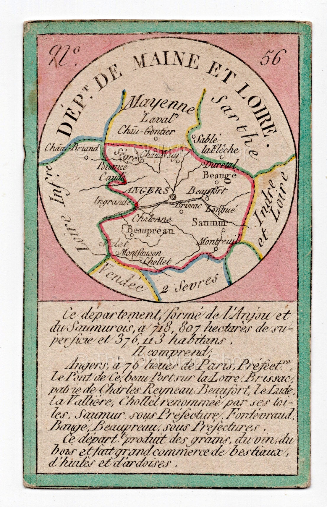Hand-coloured c.1819 Maine-et-Loire France antique card map by Bourrut-Le Meri, rare first edition