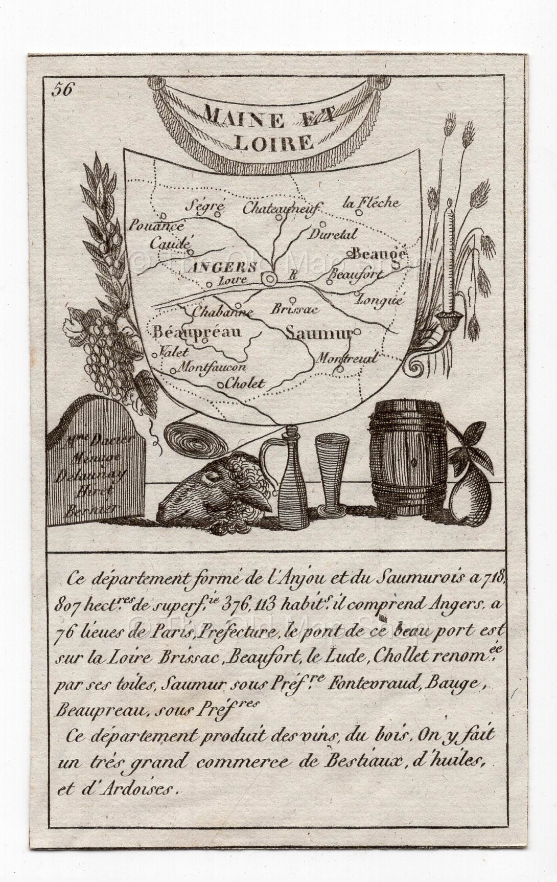 c.1836 Maine-et-Loire France antique card map showing Angers by Bourrut-Le Meri, 3rd edition