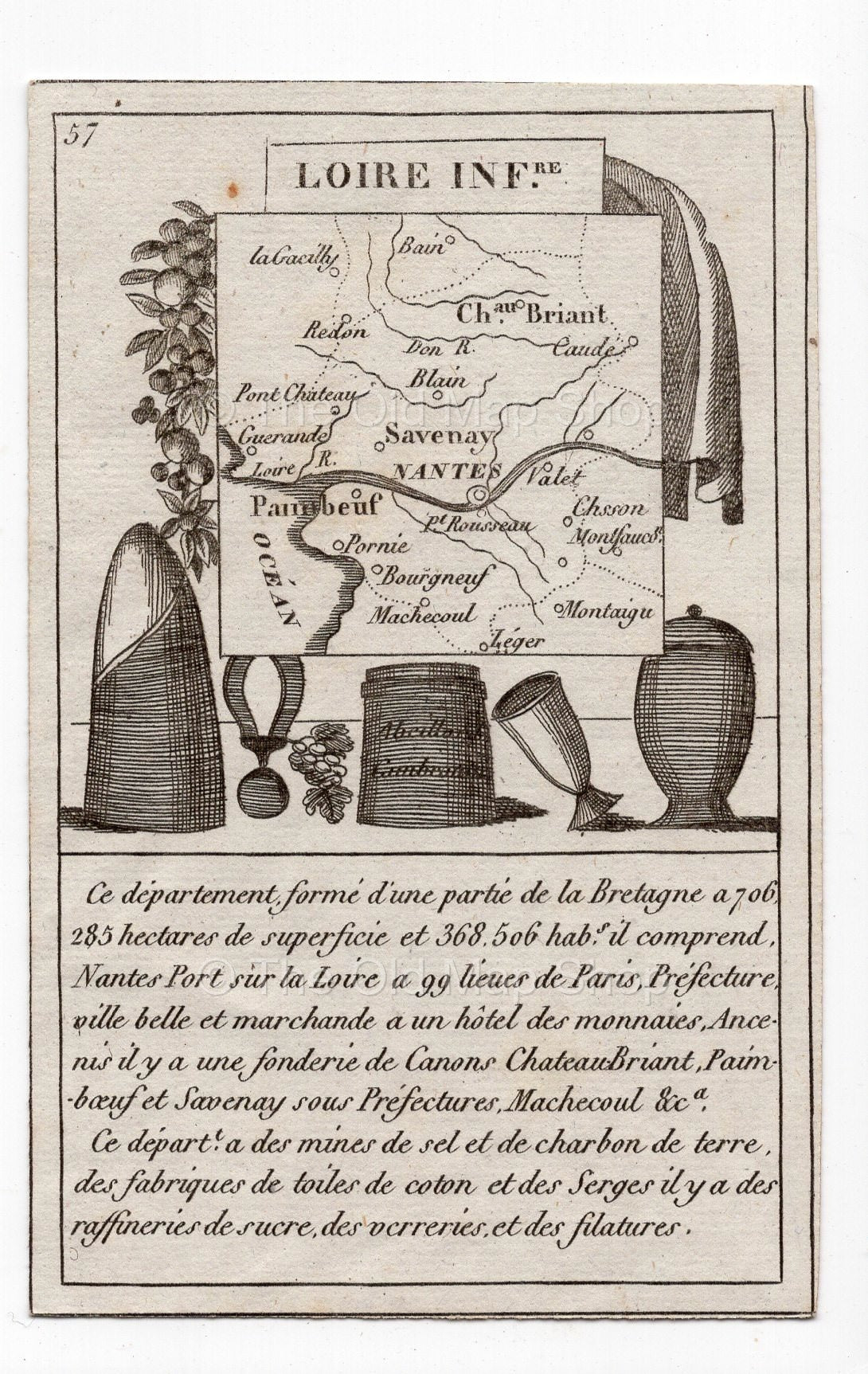 c.1836 Loire-Inférieure (Loire-Atlantique) France antique card map showing Nantes by Bourrut-Le Meri, 3rd edition