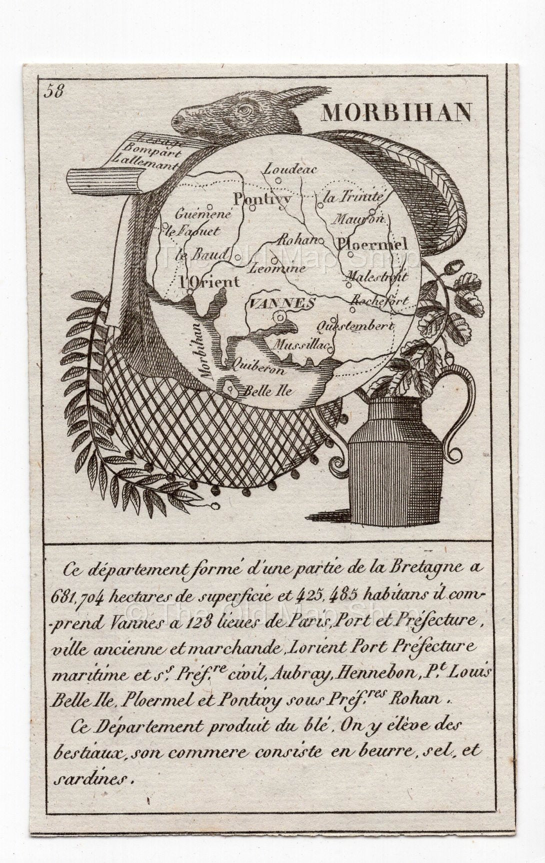 c.1836 Morbihan France antique card map by Bourrut-Le Meri, 3rd edition
