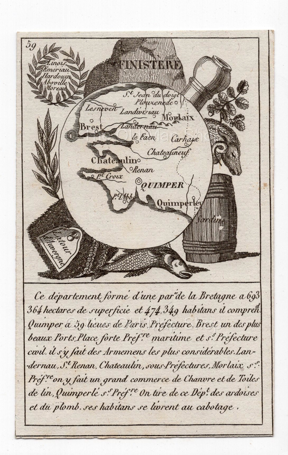 c.1836 Finistère France antique card map by Bourrut-Le Meri, 3rd edition