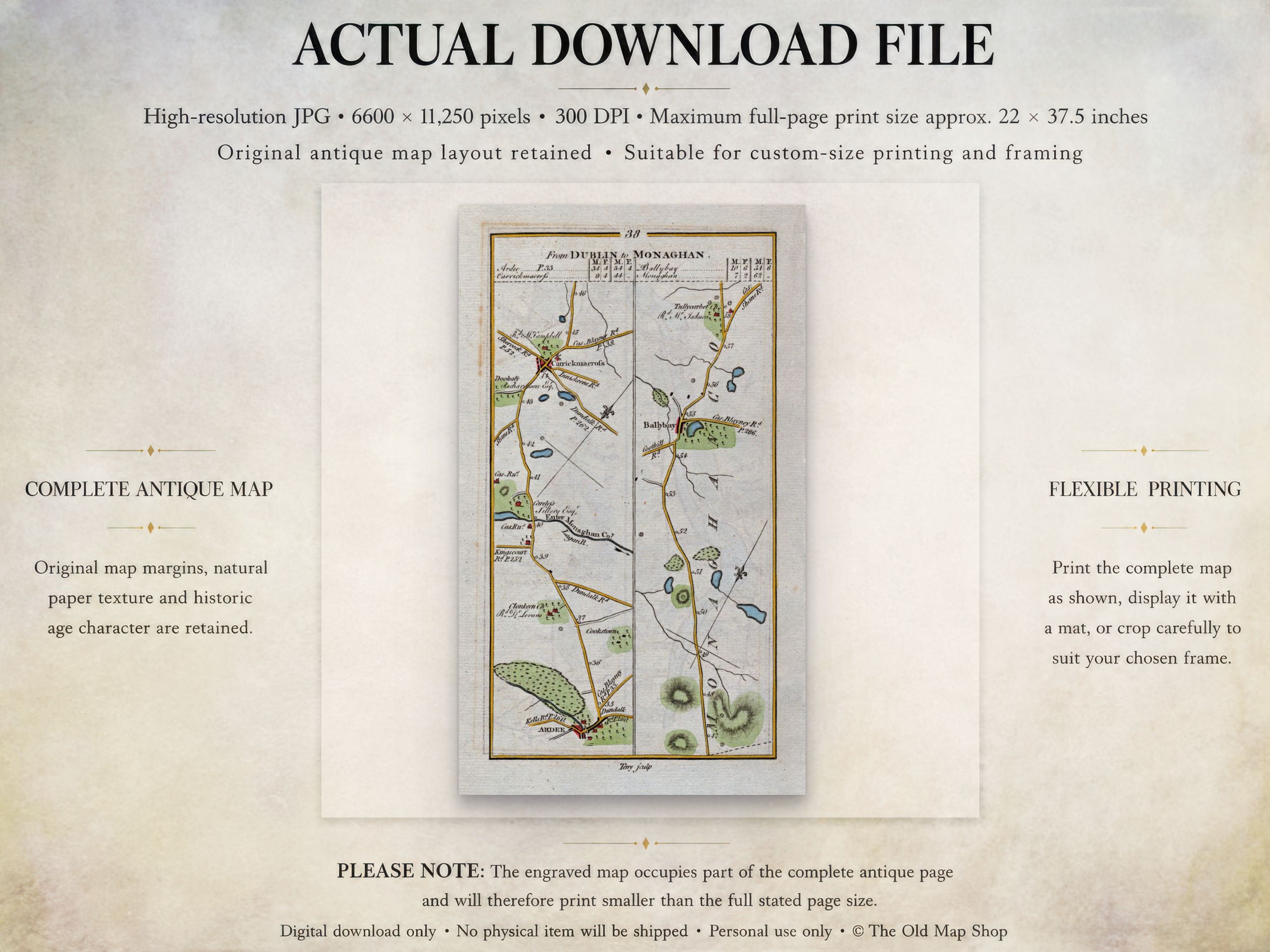 Actual download file information for the 1783 Taylor & Skinner Ardee, Carrickmacross, Ballybay and Monaghan Ireland road map. The map covers Counties Monaghan and Louth.