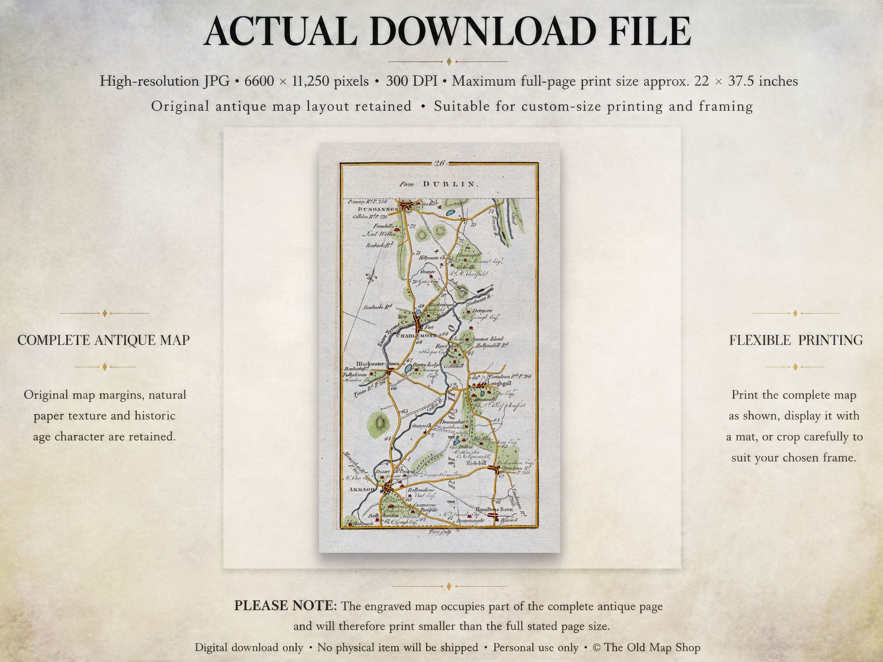 Actual download file information for the 1783 Taylor & Skinner Armagh to Dungannon Ireland road map.
