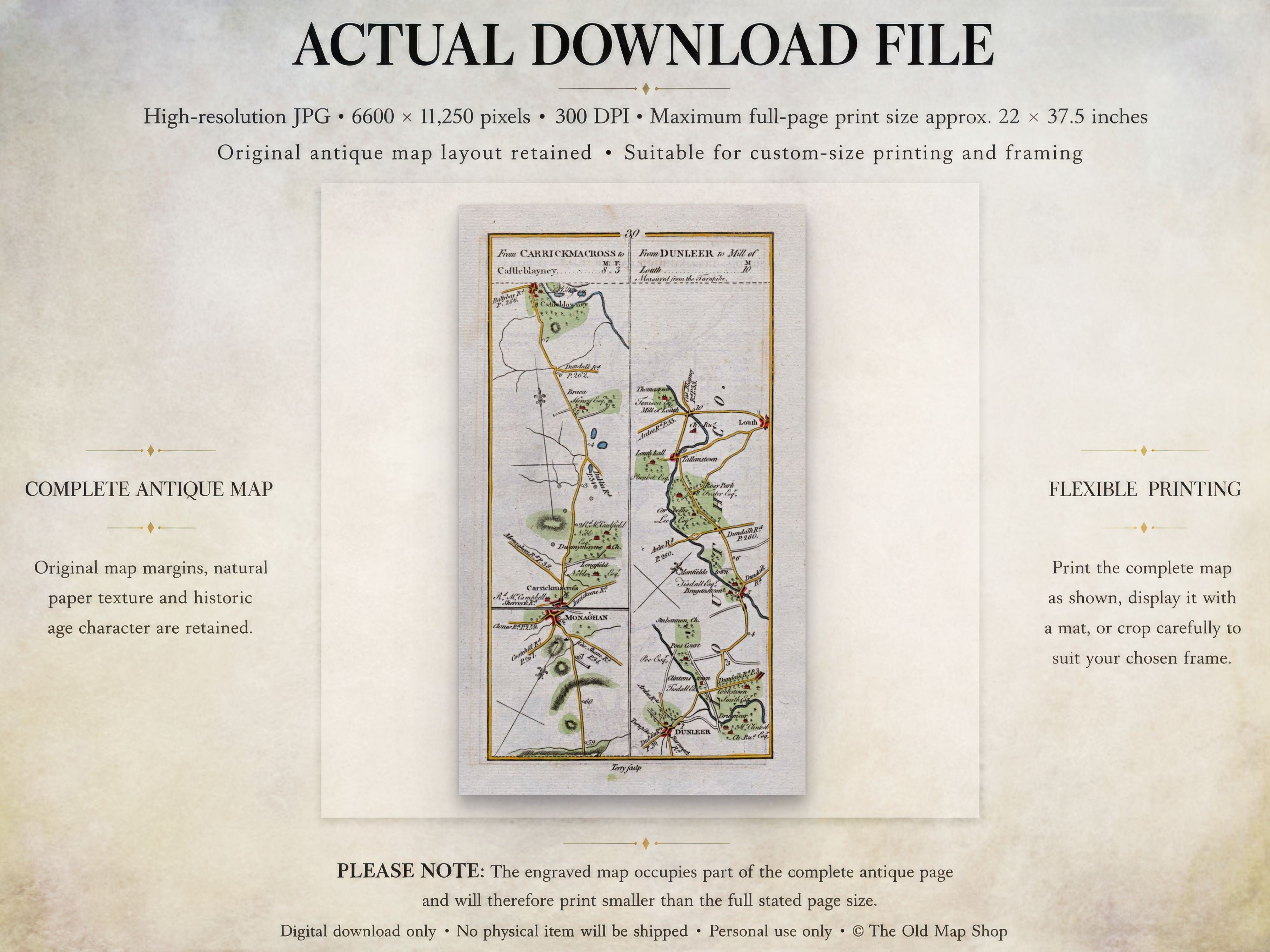 Actual download file information for the 1783 Taylor & Skinner Carrickmacross, Castleblayney, Dunleer, Louth and Monaghan Ireland road map. The map covers Counties Louth and Monaghan.