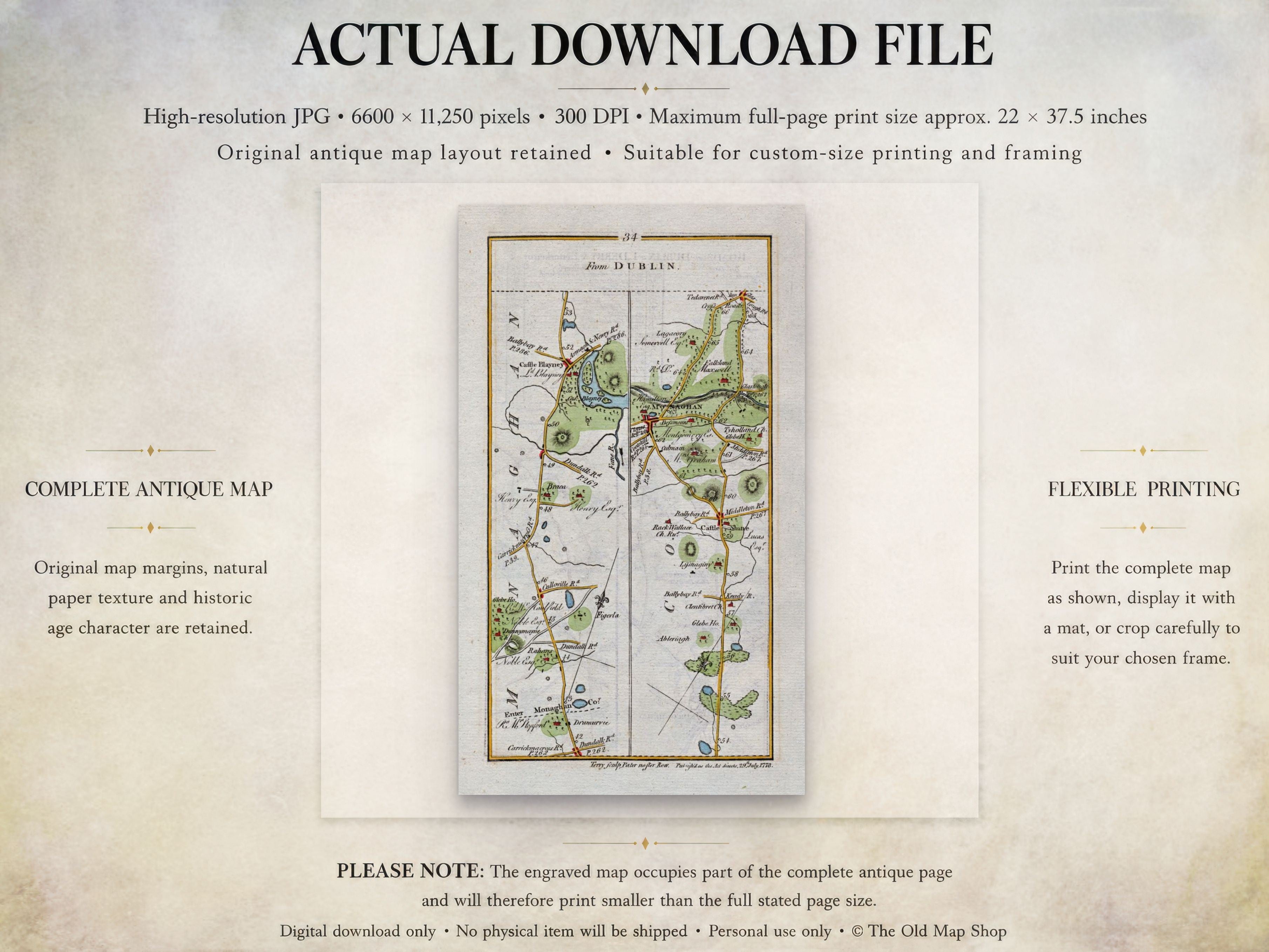 Actual download file information for the 1783 Taylor & Skinner Castleblayney, Monaghan and Clontibret Ireland road map.