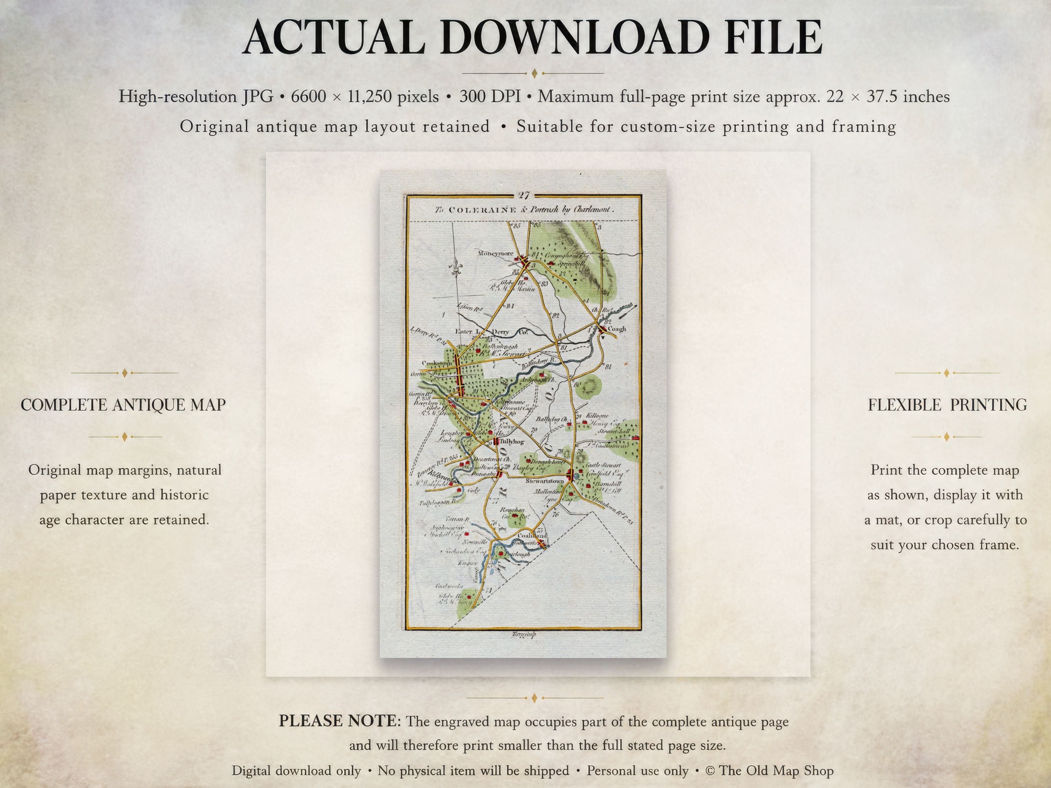 Actual download file information for the 1783 Taylor & Skinner Cookstown to Stewartstown Ireland road map.
