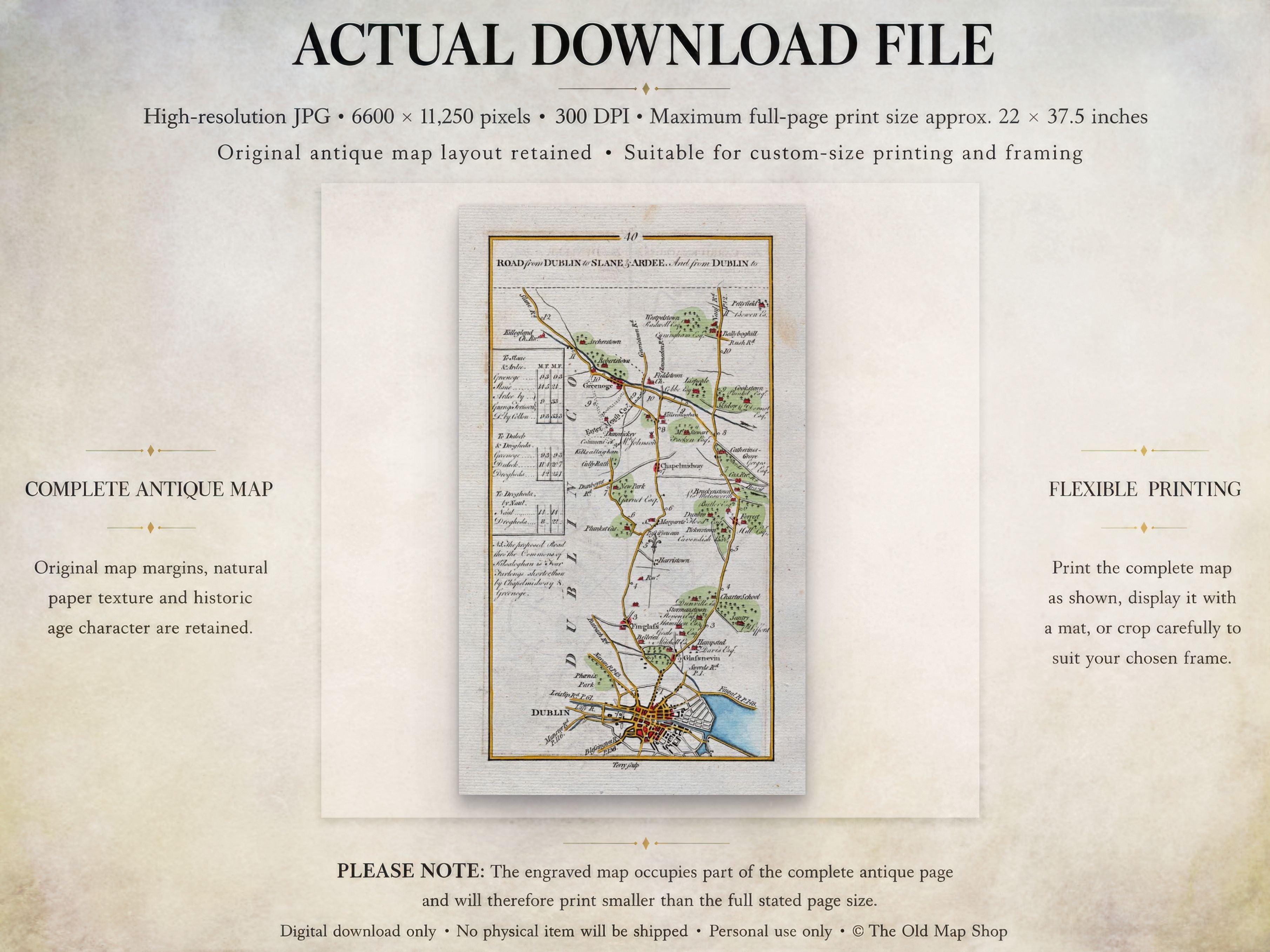 Actual download file information for the 1783 Taylor & Skinner Dublin, Slane, Ardee, Duleek and Drogheda Ireland road map. The map covers Counties Dublin, Meath and Louth.