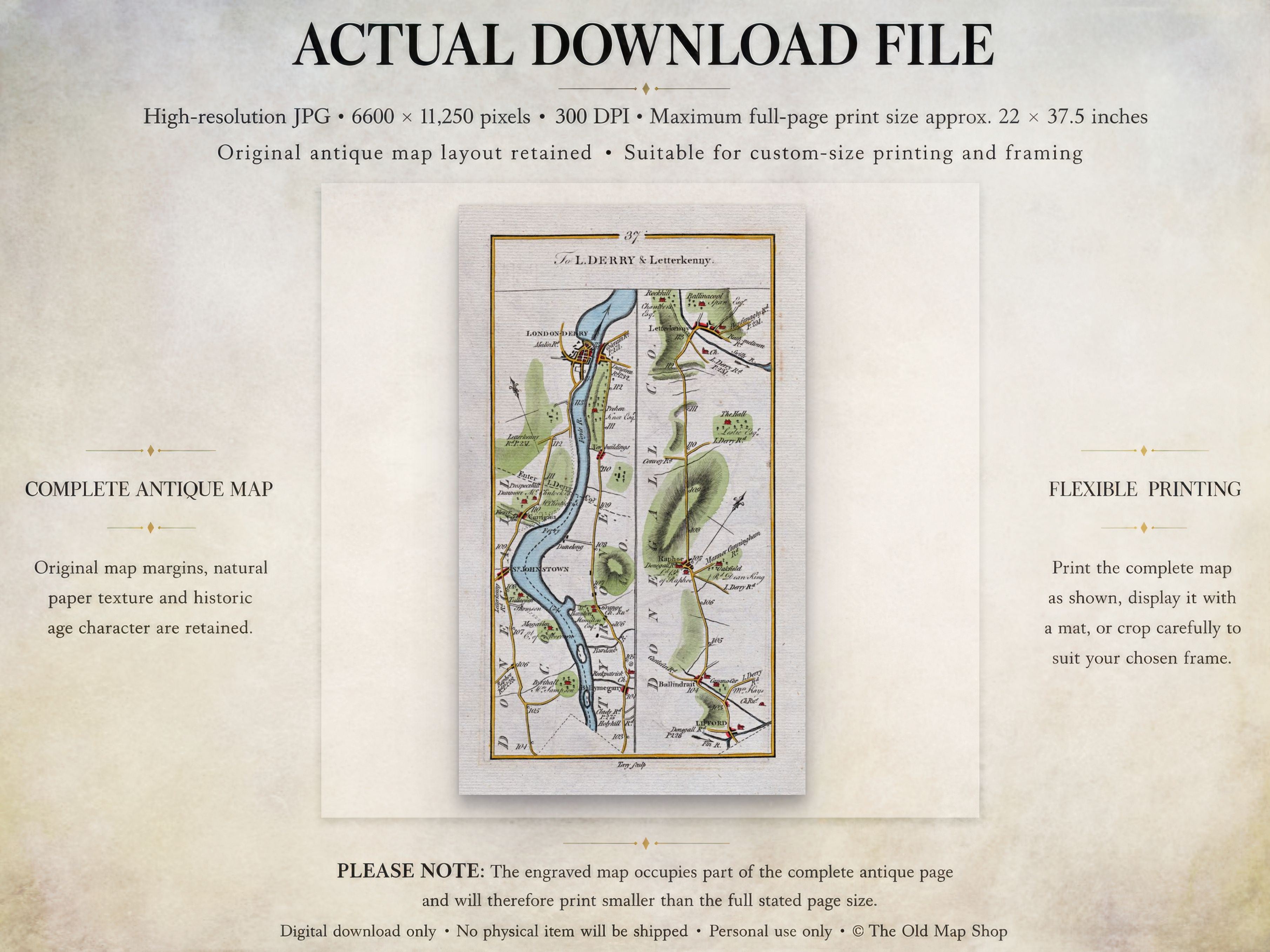 Actual download file information for the 1783 Taylor & Skinner Londonderry, Letterkenny, Raphoe and Lifford Ireland road map. The map covers Counties Londonderry and Donegal.