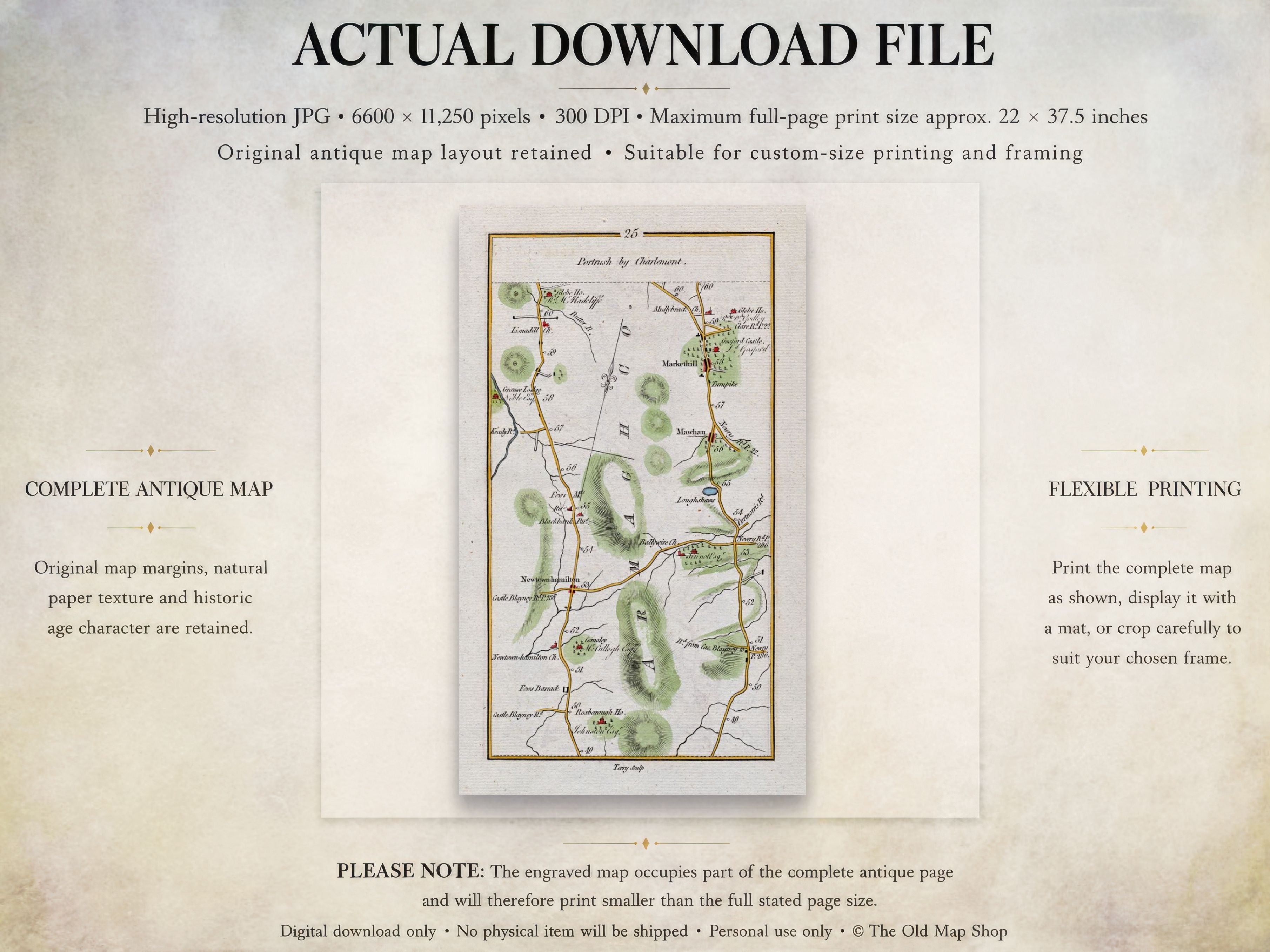 Actual download file information for the 1783 Taylor & Skinner Markethill and Newtownhamilton Ireland road map.