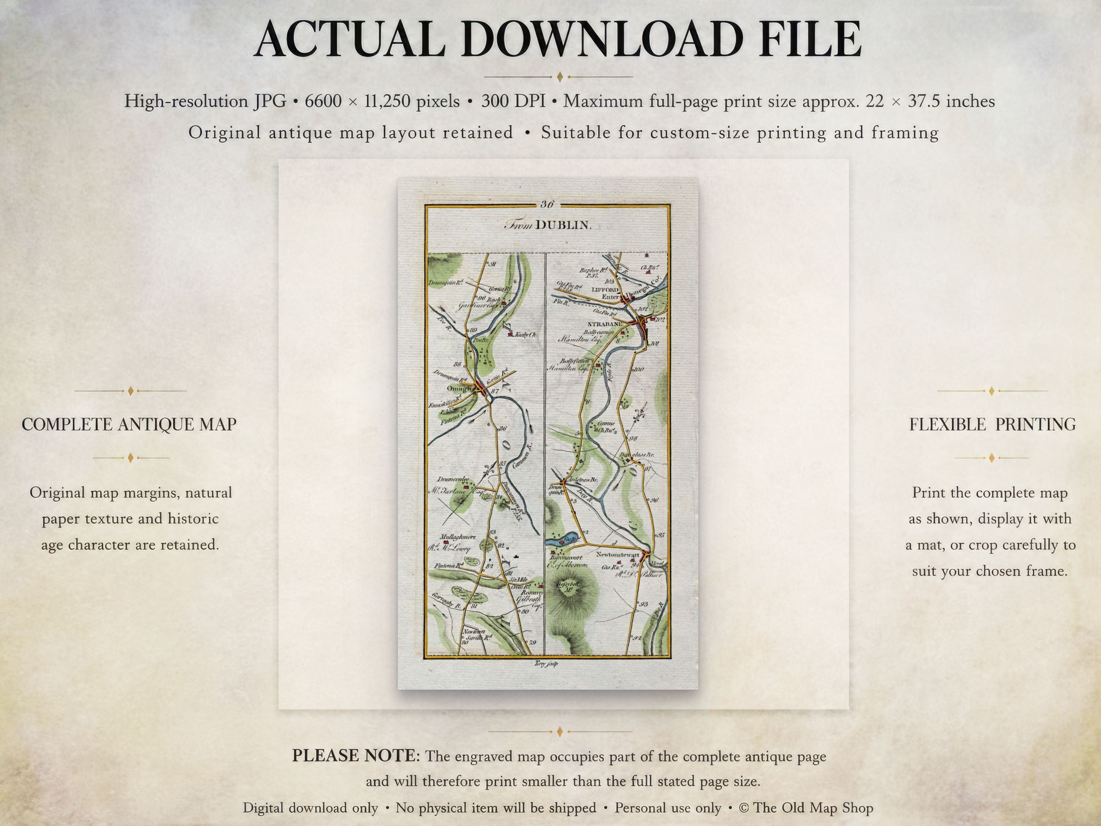 Actual download file information for the 1783 Taylor & Skinner Strabane, Lifford, Omagh and Newtownstewart Ireland road map. The map covers Counties Tyrone and Donegal.