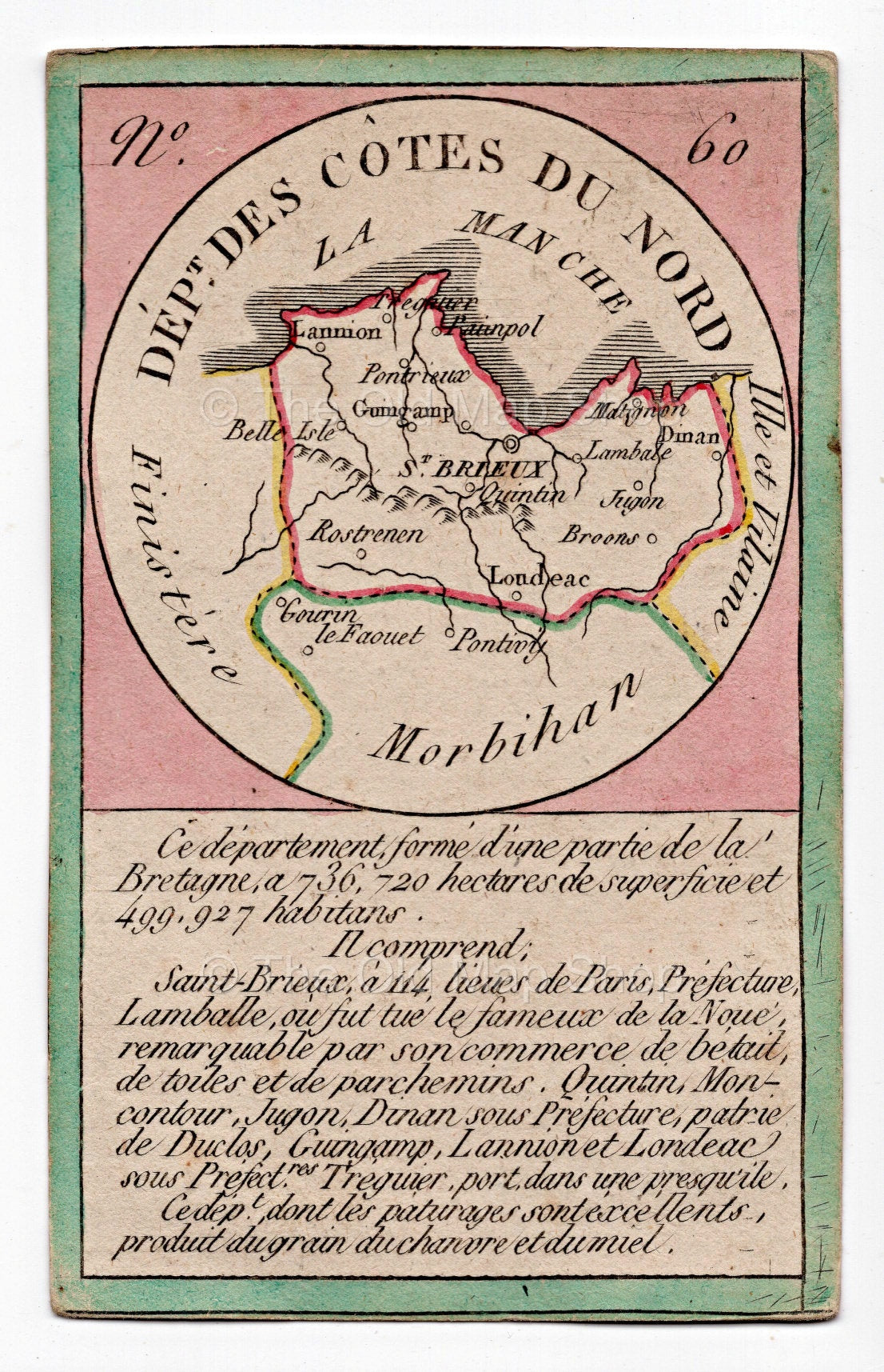Hand-coloured c.1819 Cotes-d'Armor France antique card map by Bourrut-Le Meri, rare first edition
