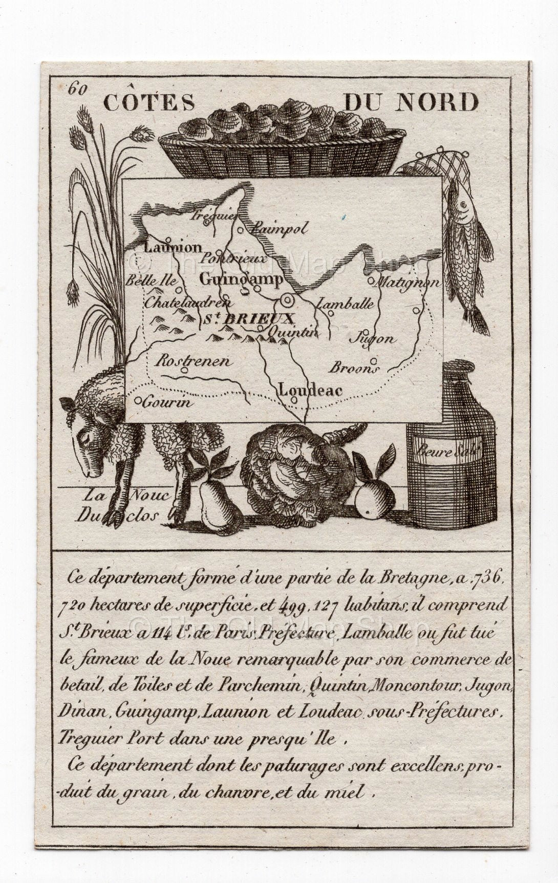 c.1836 Côtes-du-Nord (Côtes-d'Armor) France antique card map by Bourrut-Le Meri, 3rd edition