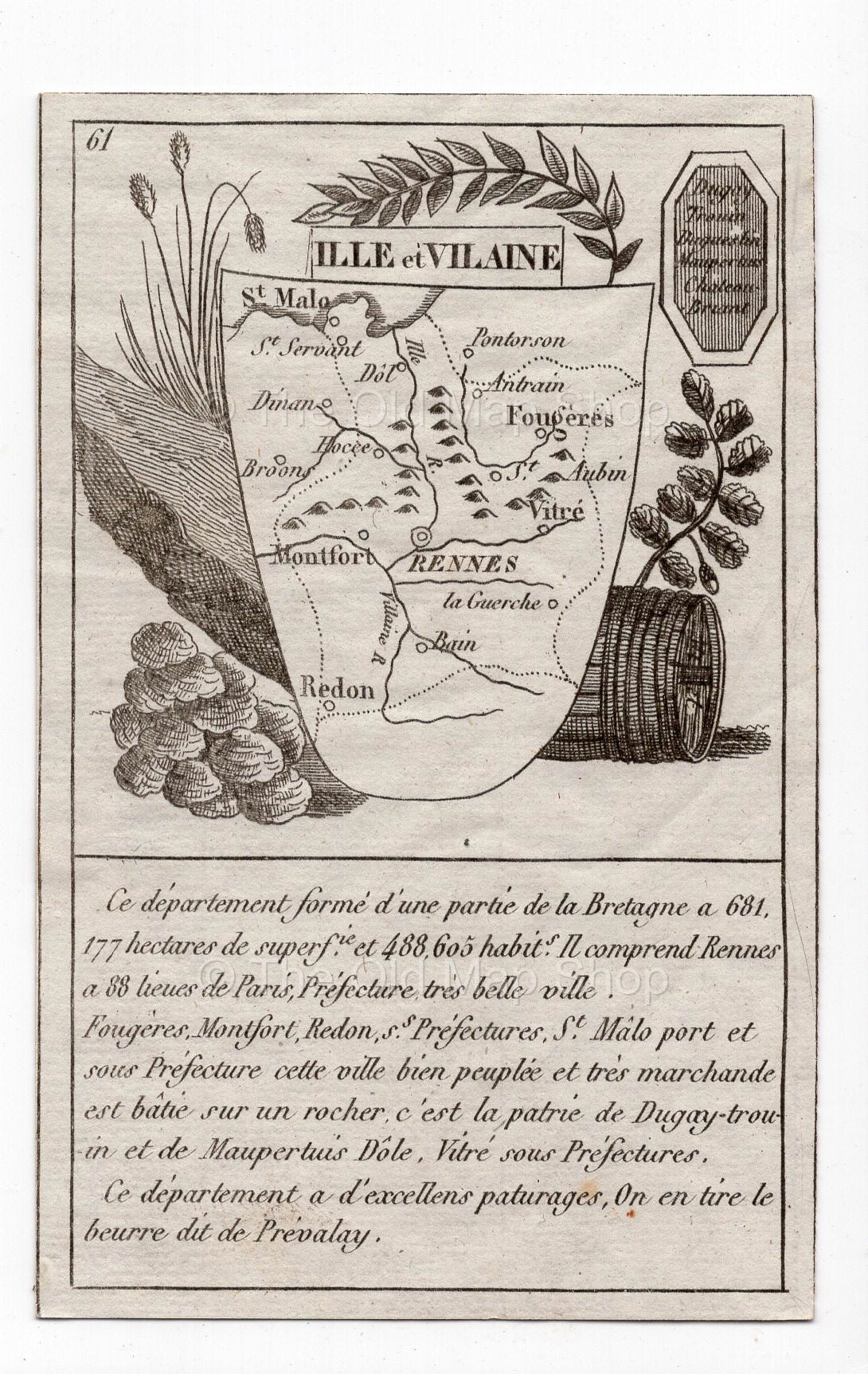 c.1836 Ille-et-Vilaine France antique card map showing Rennes by Bourrut-Le Meri, 3rd edition