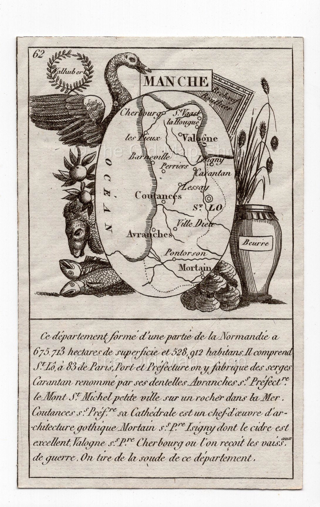 c.1836 Manche France antique card map by Bourrut-Le Meri, 3rd edition