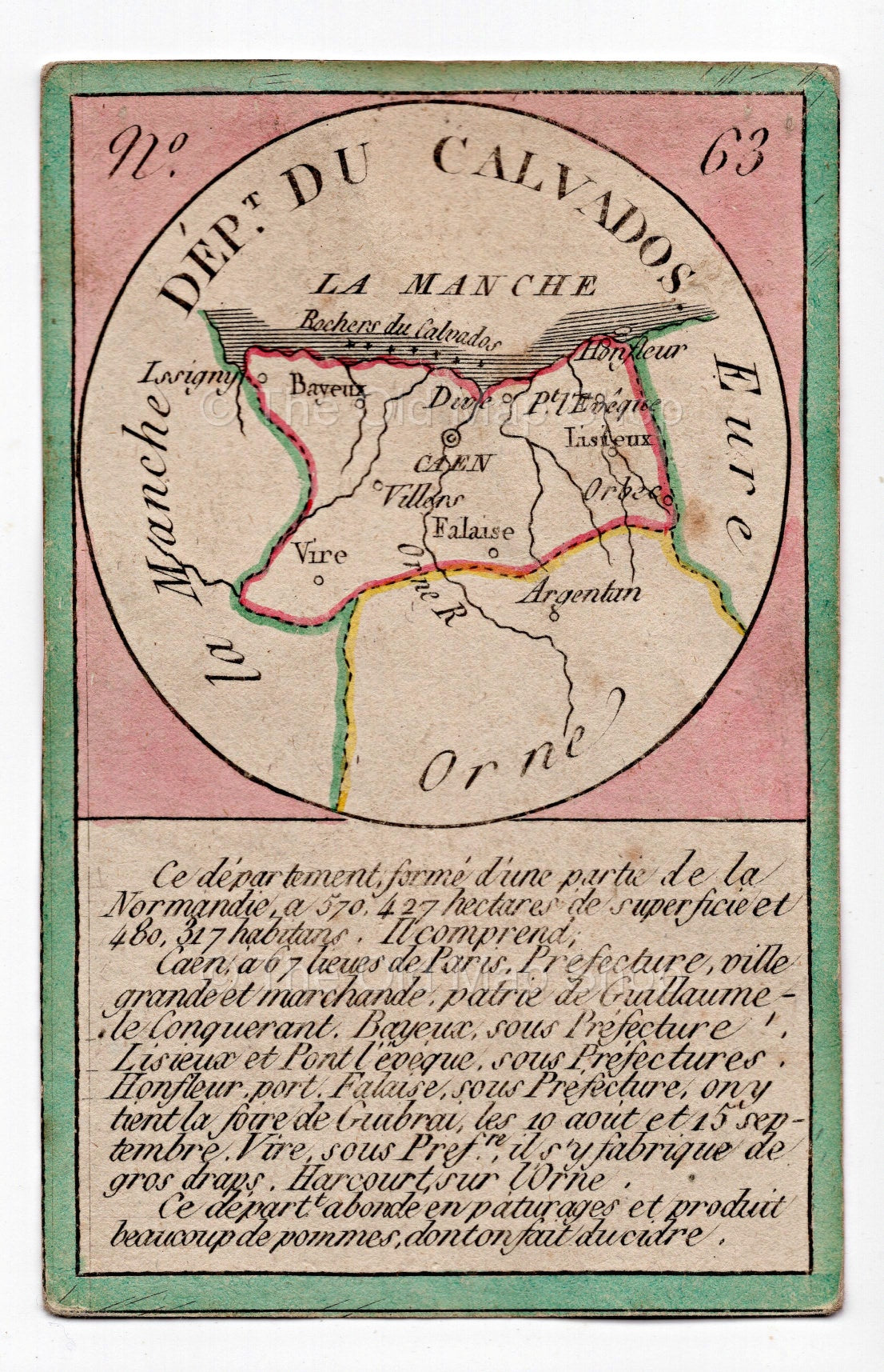 Hand-coloured c.1819 Calvados France antique card map by Bourrut-Le Meri, rare first edition
