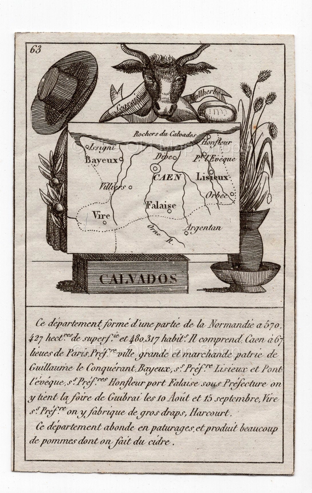 c.1836 Calvados France antique card map by Bourrut-Le Meri, 3rd edition