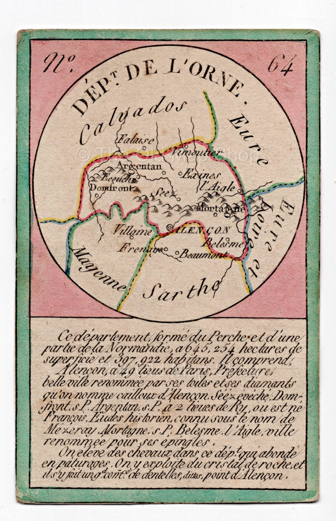 Hand-coloured c.1819 Orne France antique card map by Bourrut-Le Meri, rare first edition