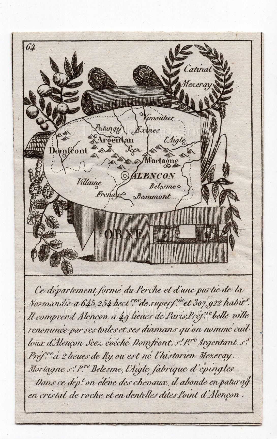 c.1836 Orne France antique card map showing Argentan & Alencon by Bourrut-Le Meri, 3rd edition
