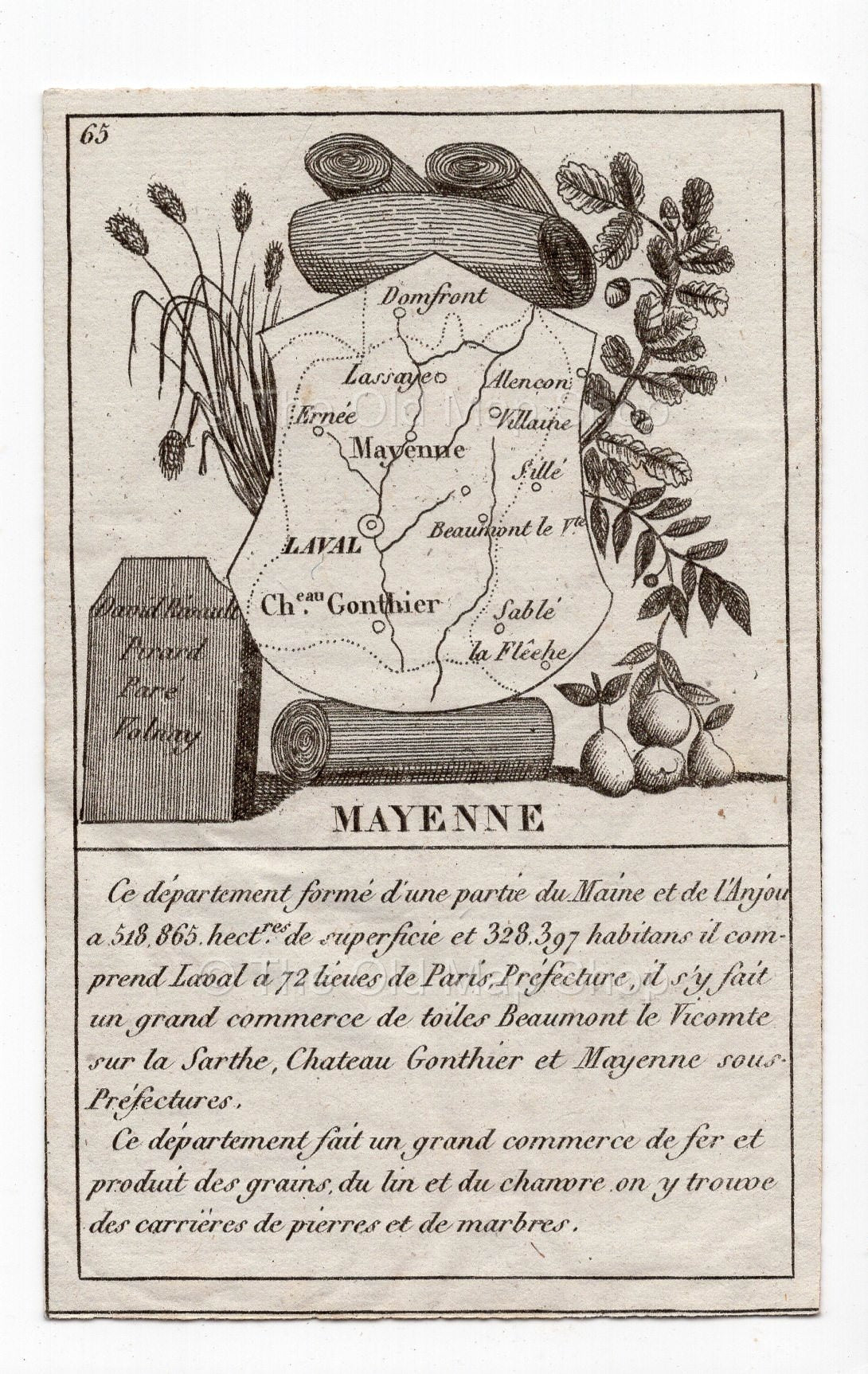 c.1836 Mayenne France antique card map showing Laval by Bourrut-Le Meri, 3rd edition