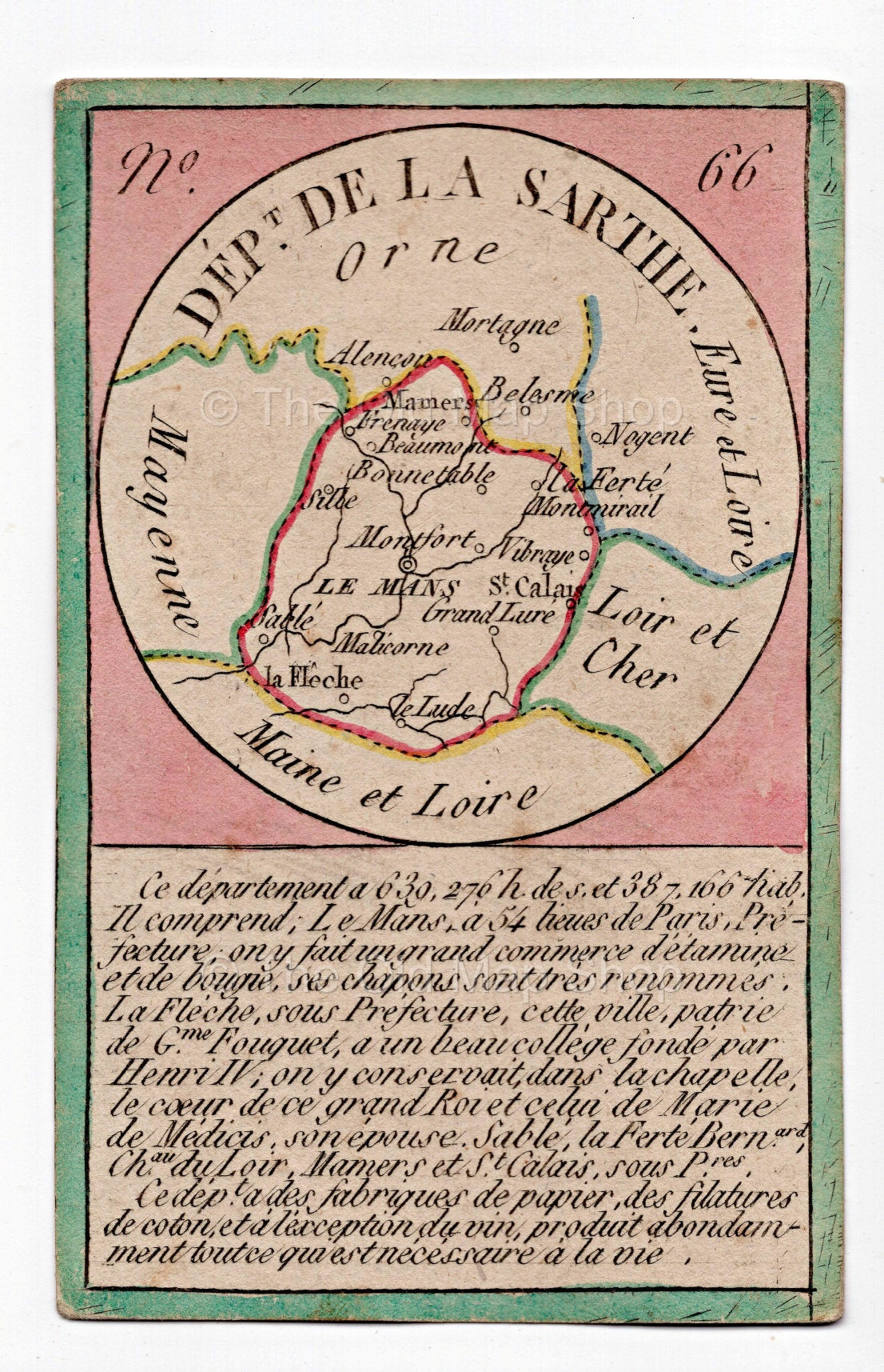 Hand-coloured c.1819 Sarthe France antique card map by Bourrut-Le Meri, rare first edition