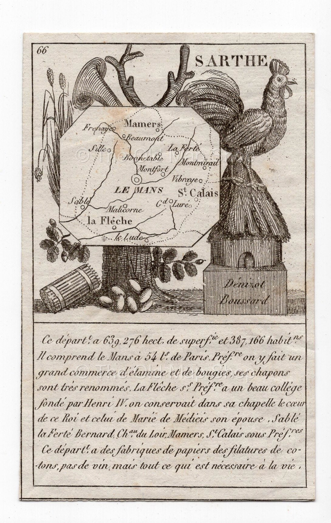 c.1836 Sarthe France antique card map showing Le Mans & La Fleche by Bourrut-Le Meri, 3rd edition