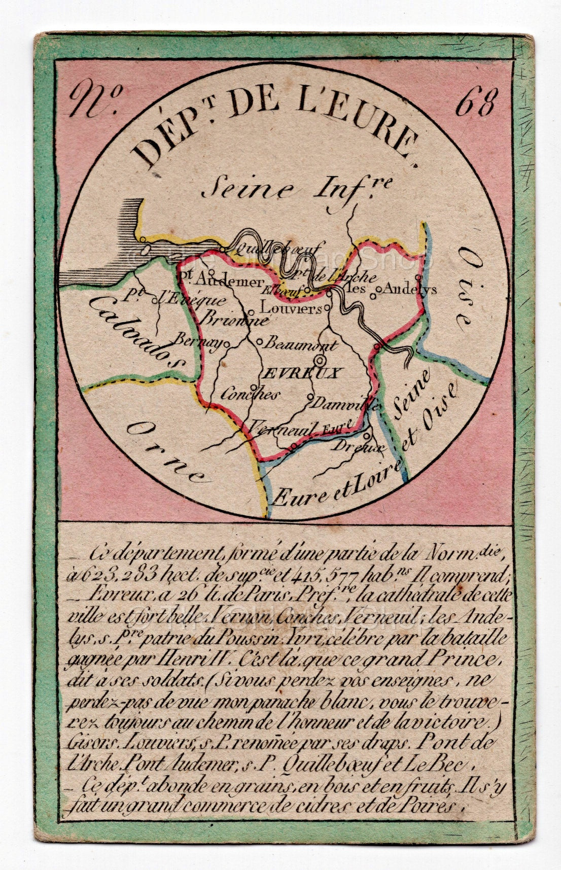 Hand-coloured c.1819 Eure France antique card map by Bourrut-Le Meri, rare first edition