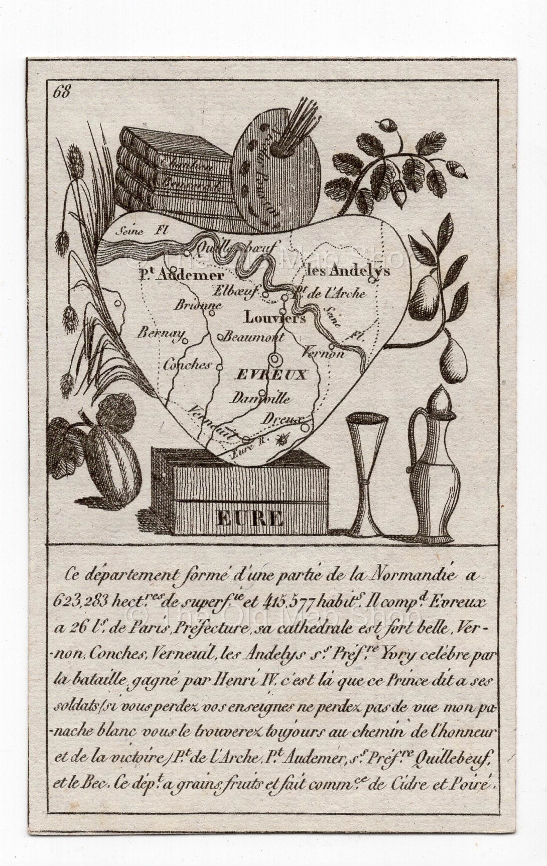 c.1836 Eure France antique card map showing Evreux & Louviers by Bourrut-Le Meri, 3rd edition