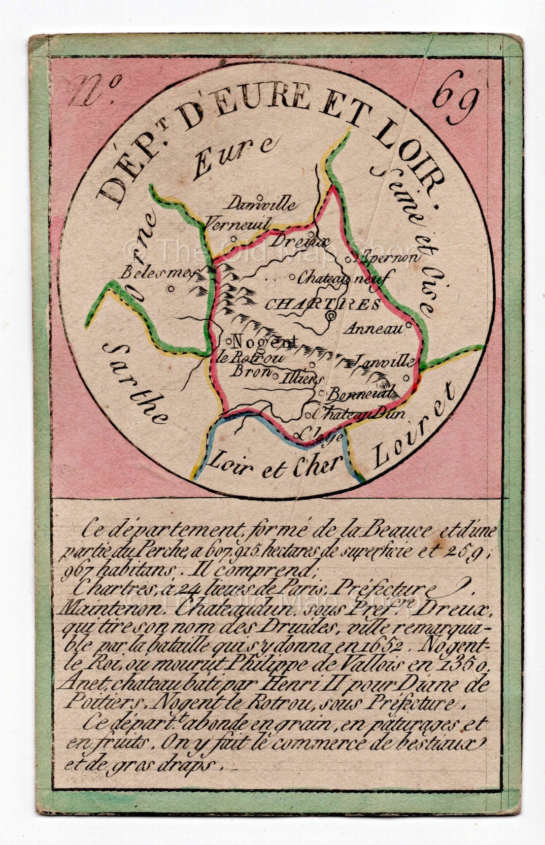 Hand-coloured c.1819 Eure-et-Loir France antique card map by Bourrut-Le Meri, rare first edition