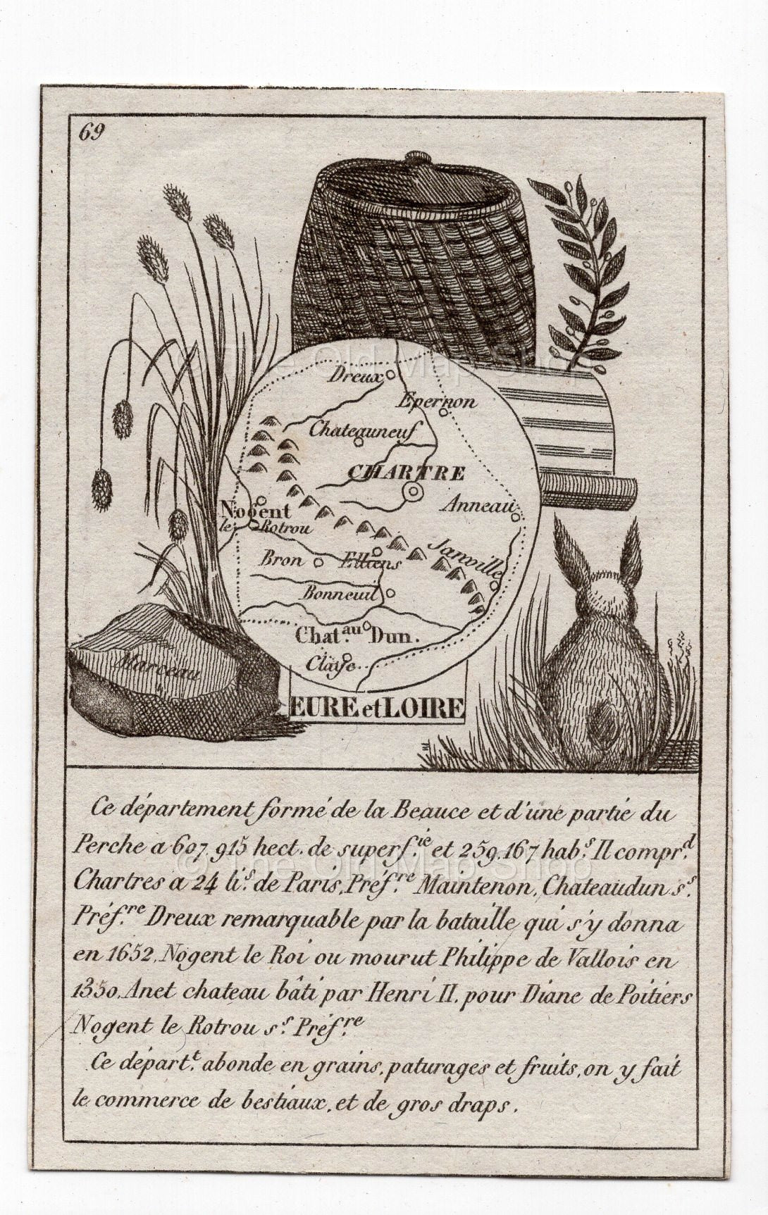 c.1836 Eure-et-Loir France antique card map showing Chartres by Bourrut-Le Meri, 3rd edition